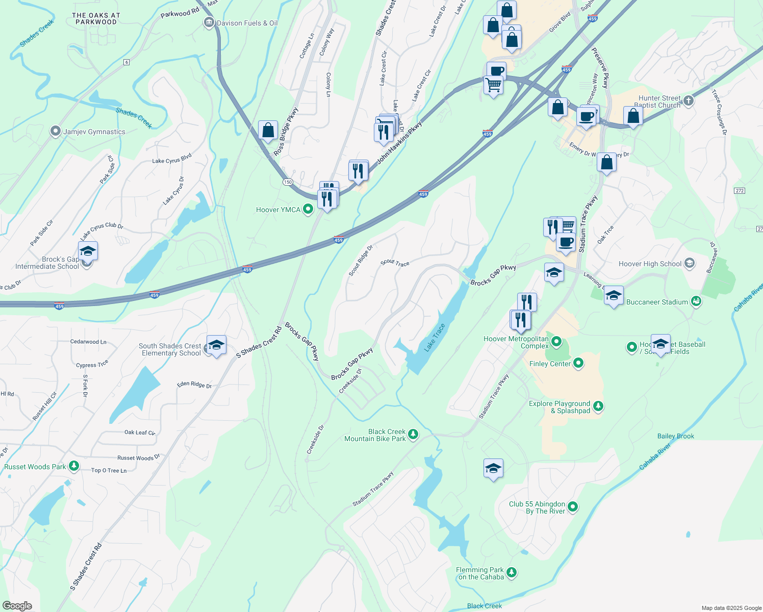 map of restaurants, bars, coffee shops, grocery stores, and more near 1442 Brocks Trace in Birmingham