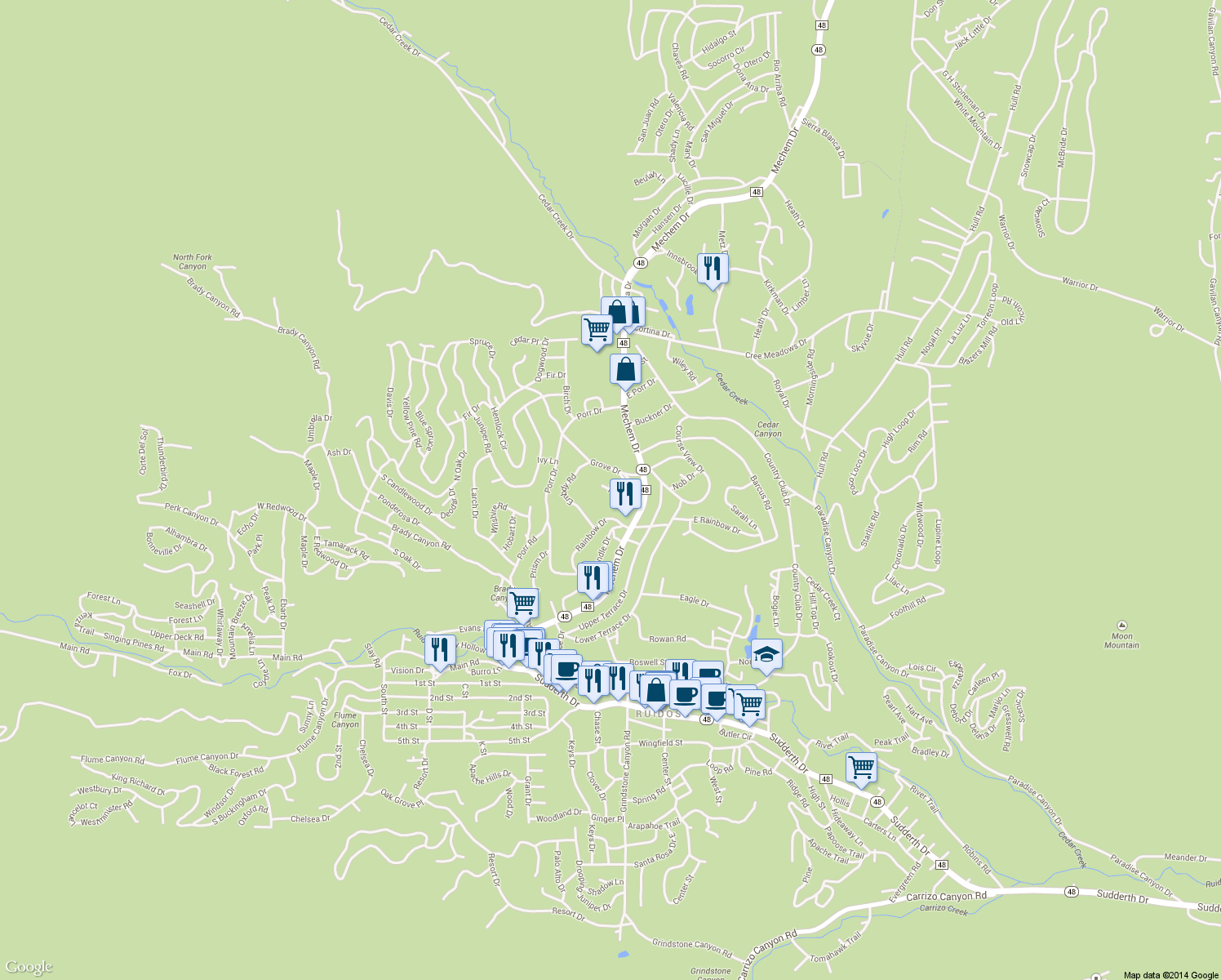 map of restaurants, bars, coffee shops, grocery stores, and more near 107 Tank Road in Ruidoso