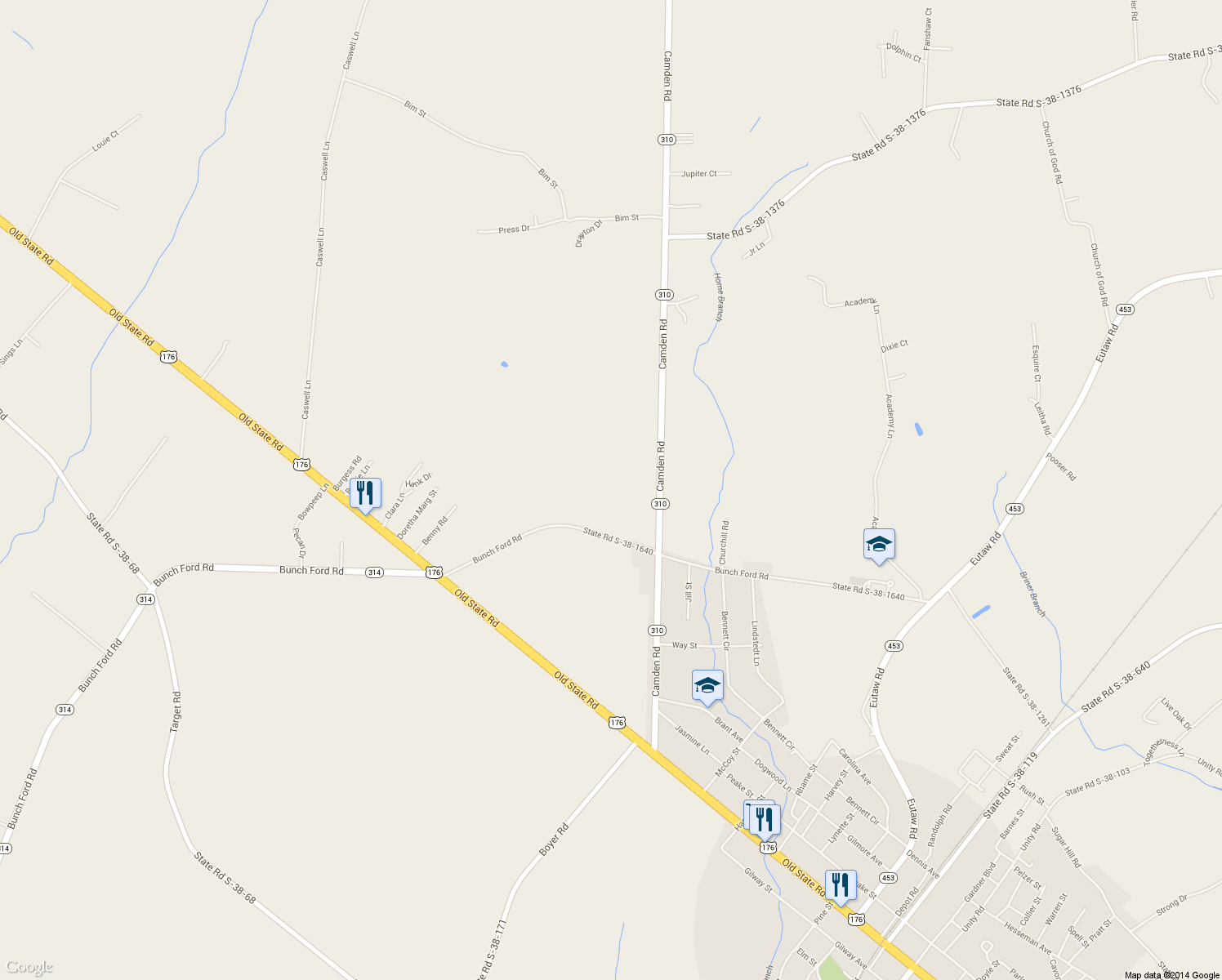 map of restaurants, bars, coffee shops, grocery stores, and more near 2729 Camden Road in Holly Hill