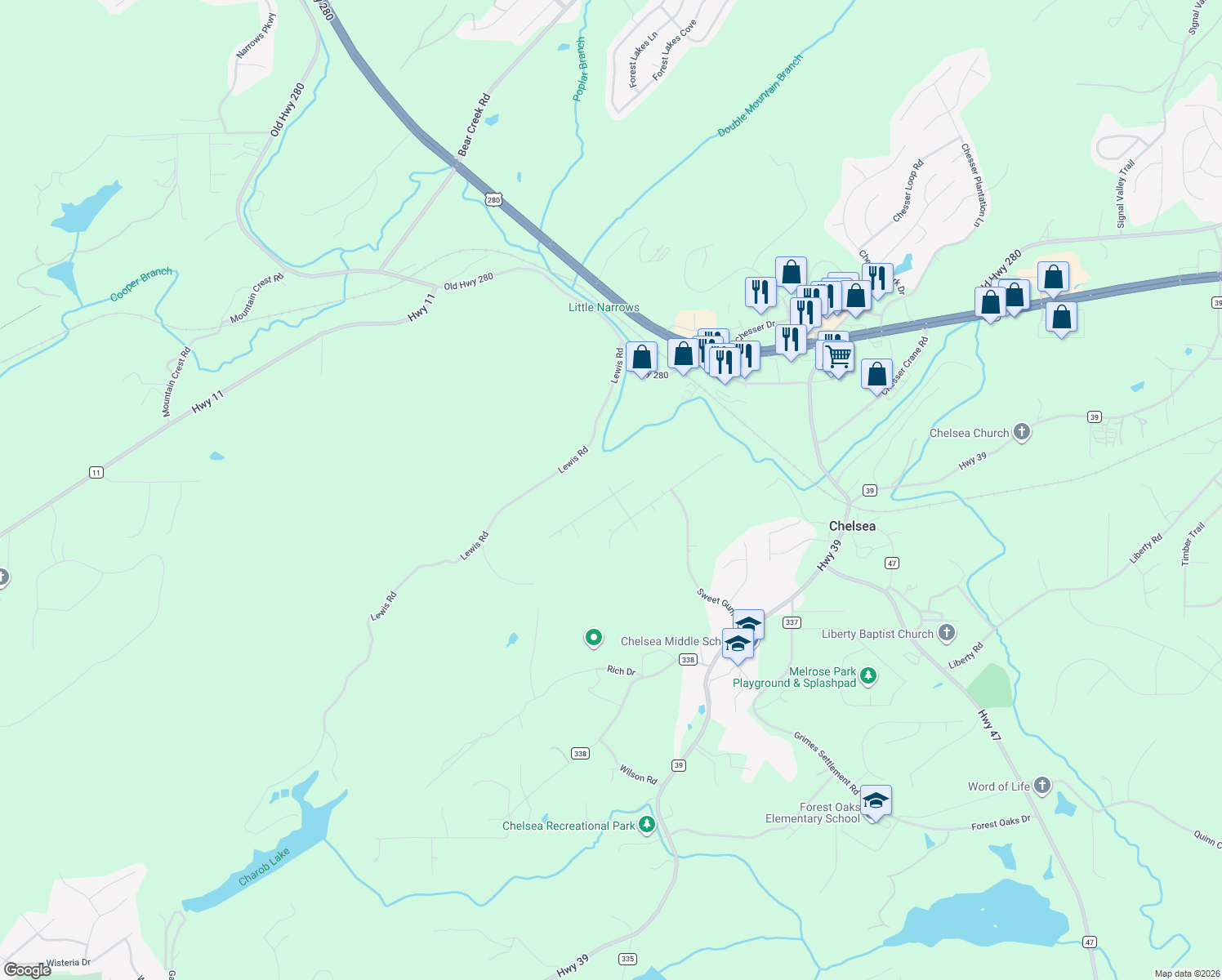 map of restaurants, bars, coffee shops, grocery stores, and more near 224 Sassafrass Circle in Chelsea