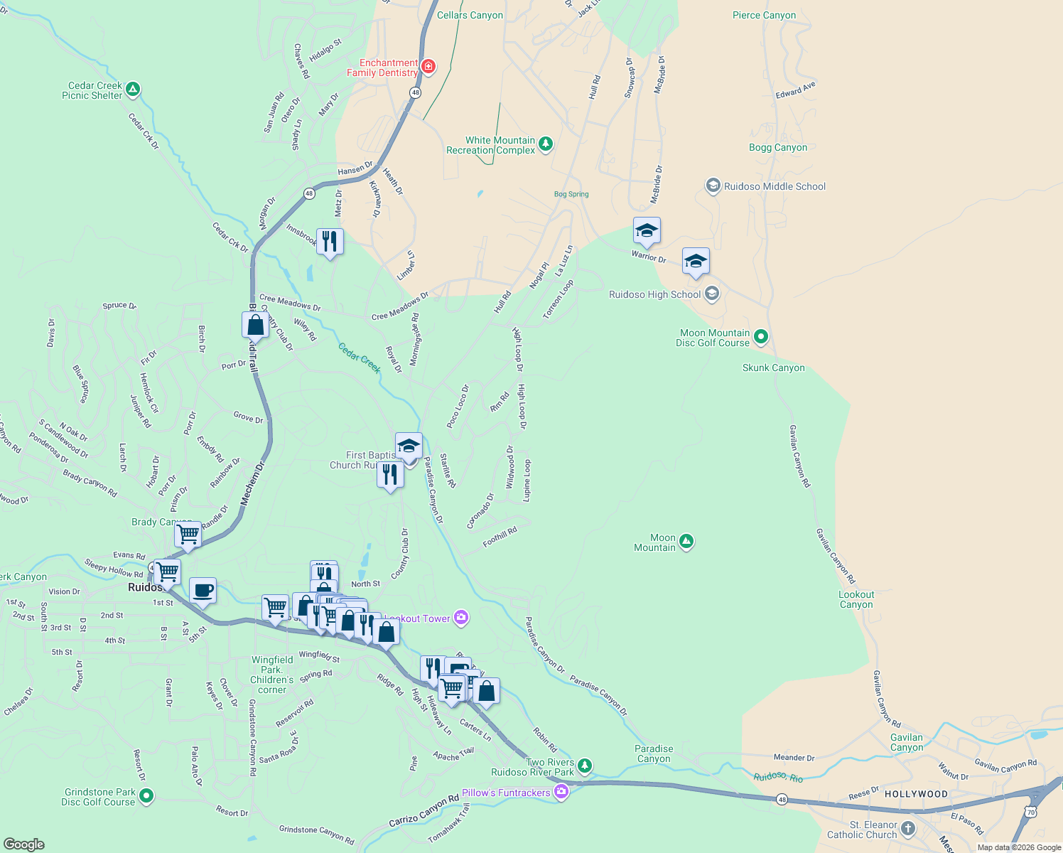 map of restaurants, bars, coffee shops, grocery stores, and more near 217 High Loop Drive in Ruidoso