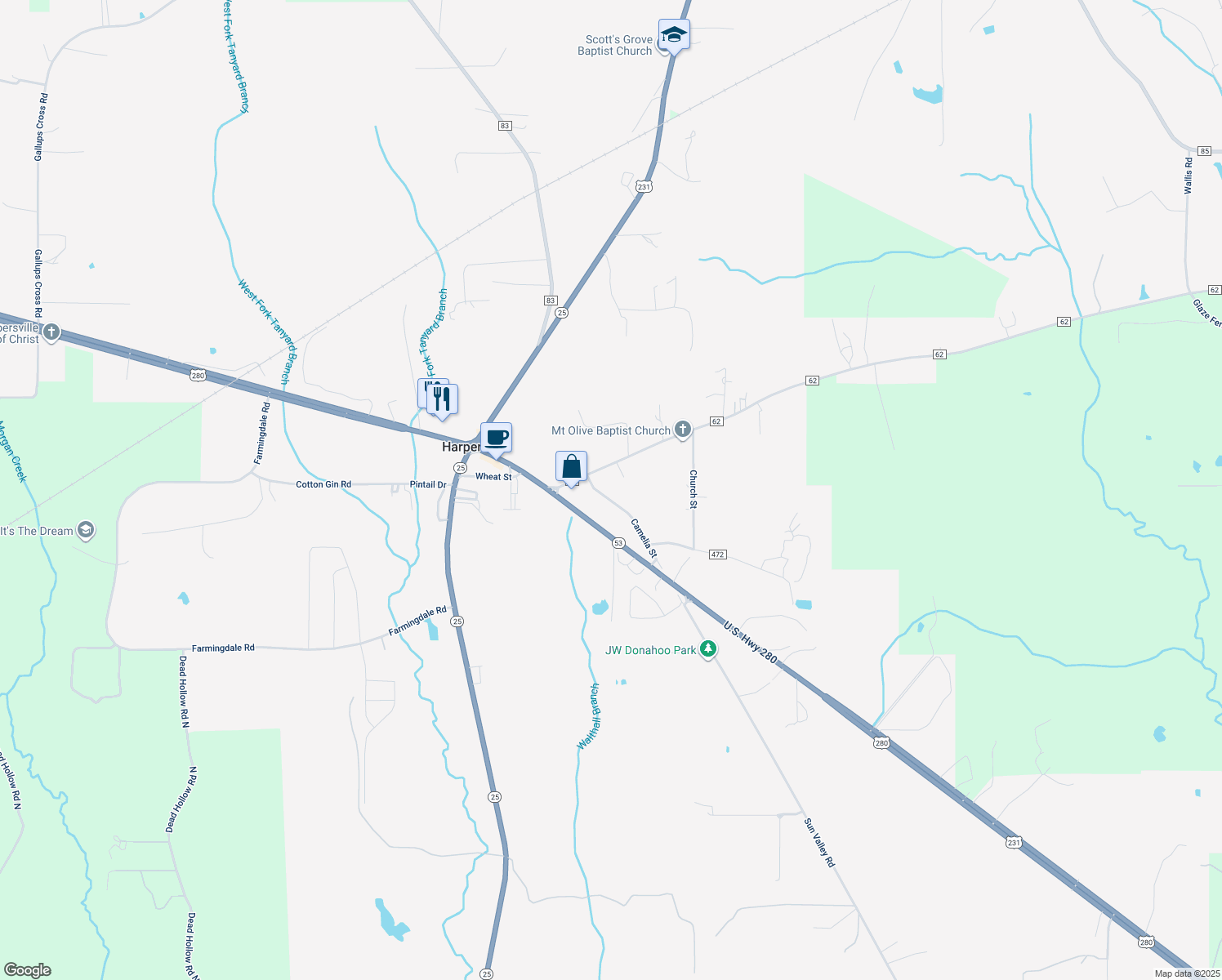 map of restaurants, bars, coffee shops, grocery stores, and more near 270 Camelia Street in Harpersville