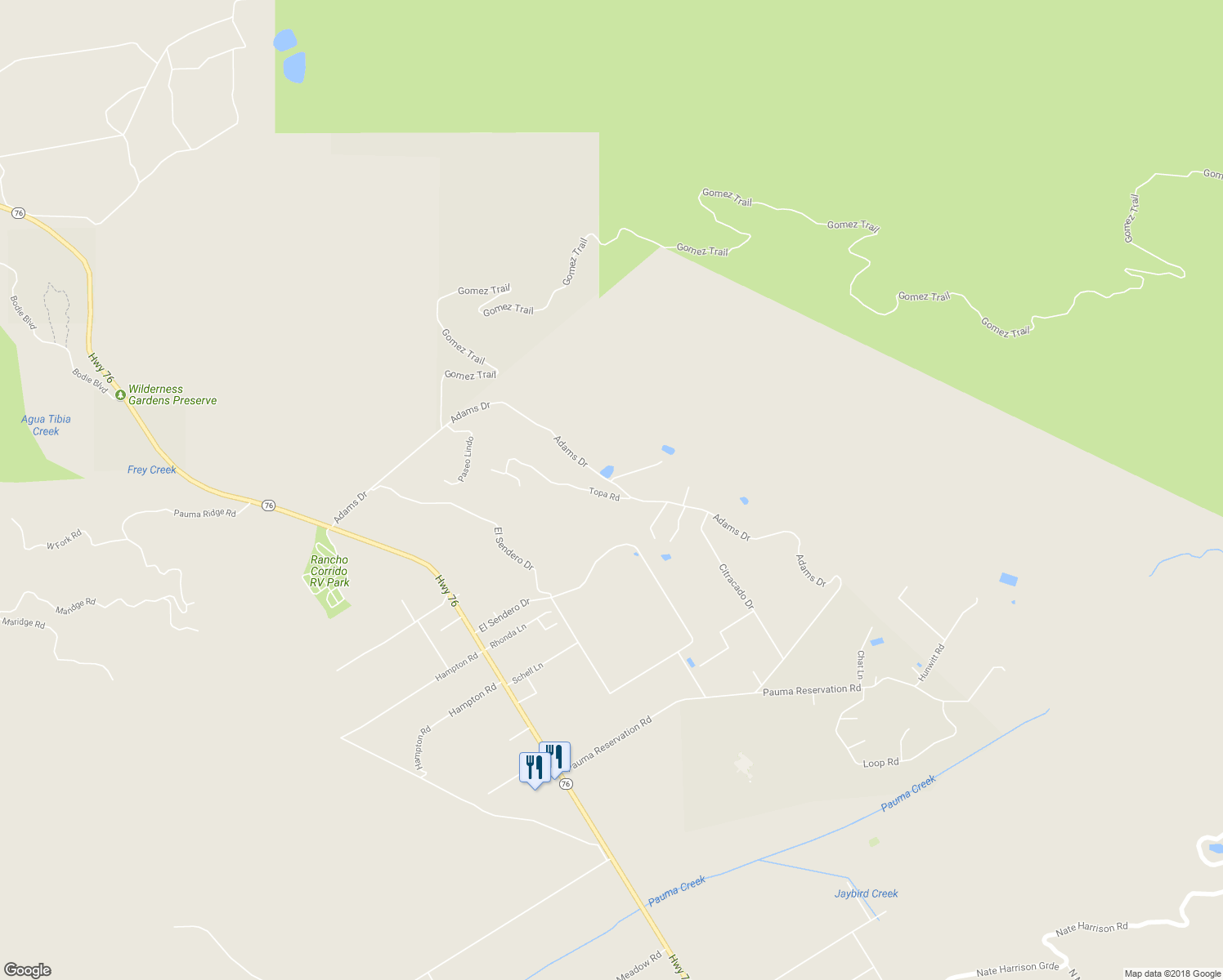 map of restaurants, bars, coffee shops, grocery stores, and more near 15470 Topa Road in Pauma Valley