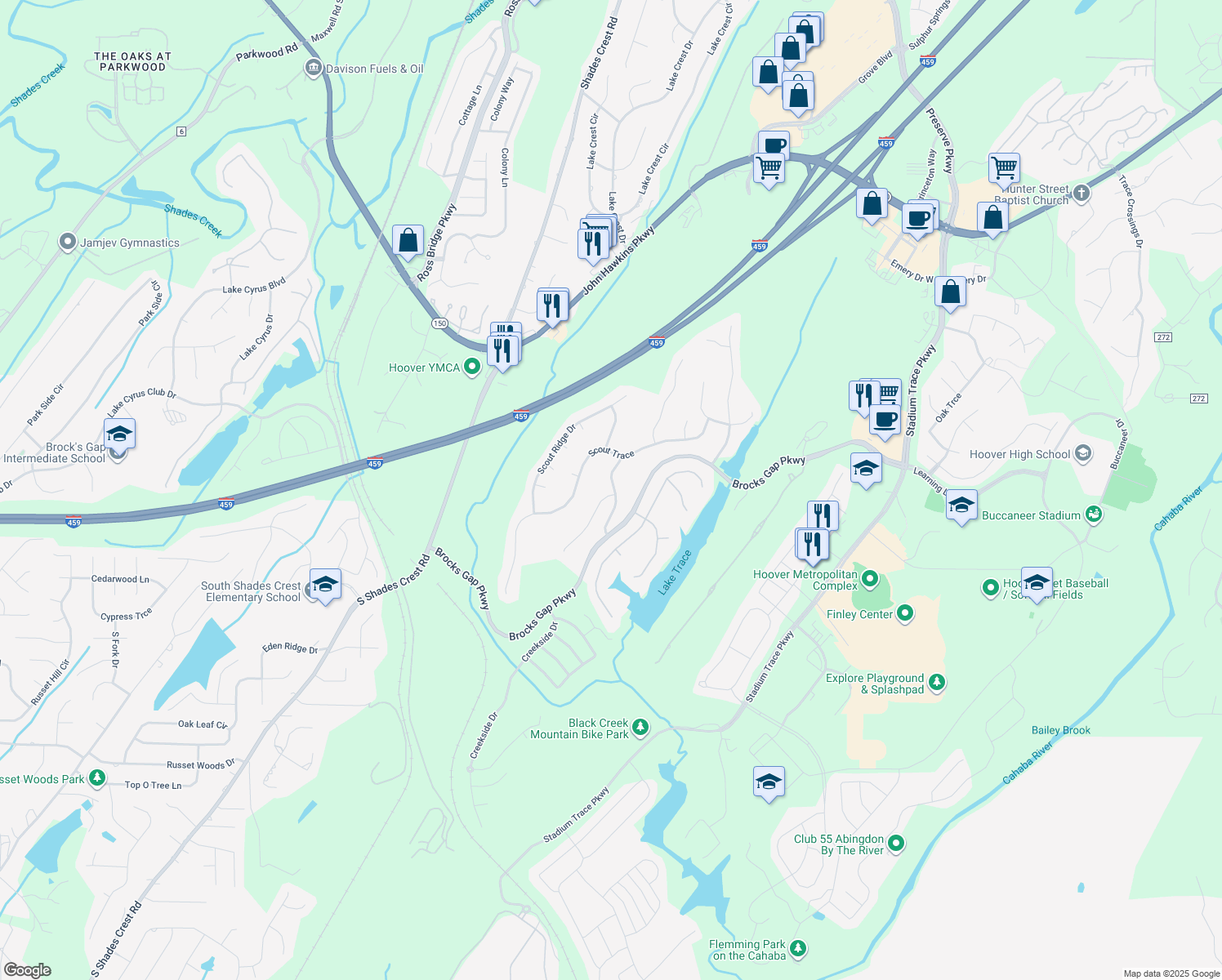 map of restaurants, bars, coffee shops, grocery stores, and more near 1401 Brocks Trace in Birmingham