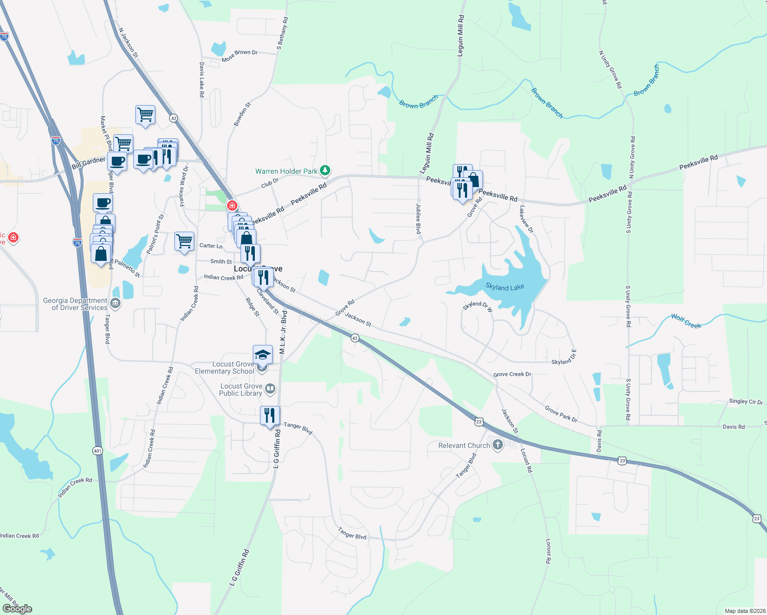 map of restaurants, bars, coffee shops, grocery stores, and more near 45 Fuller Road in Locust Grove