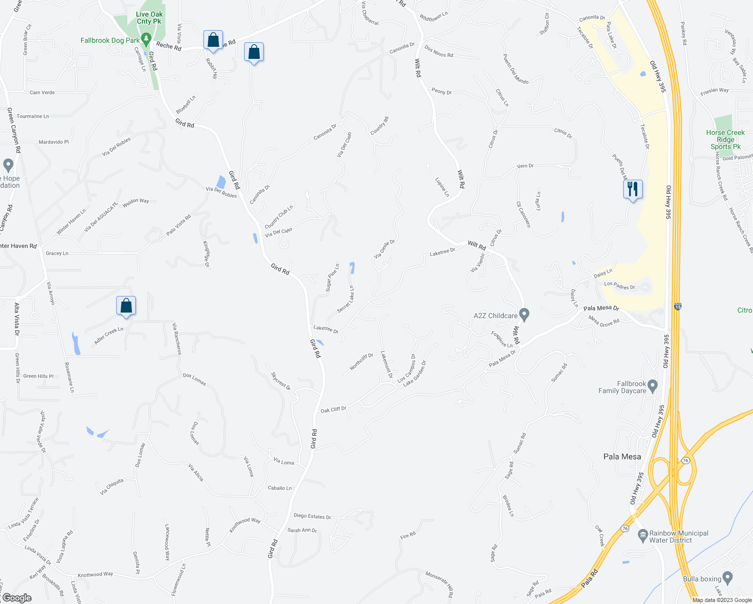 map of restaurants, bars, coffee shops, grocery stores, and more near 3649 Laketree Drive in Fallbrook