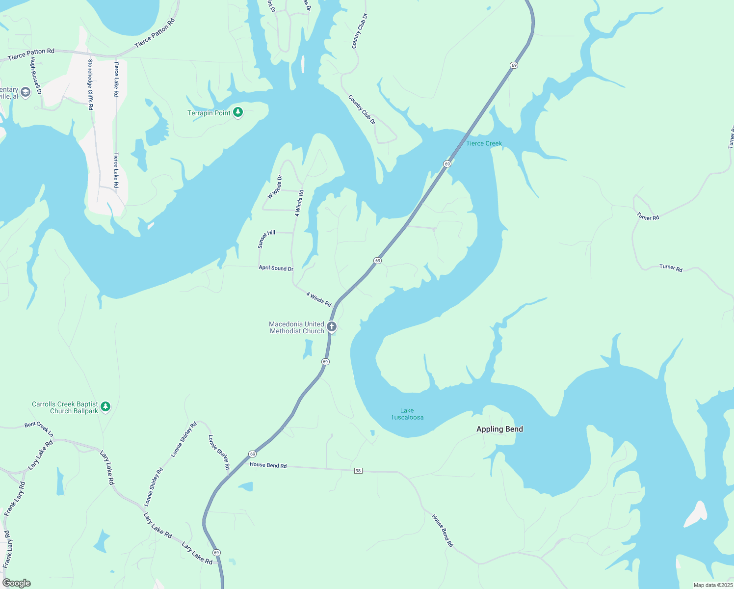 map of restaurants, bars, coffee shops, grocery stores, and more near 14979 Alabama 69 in Northport