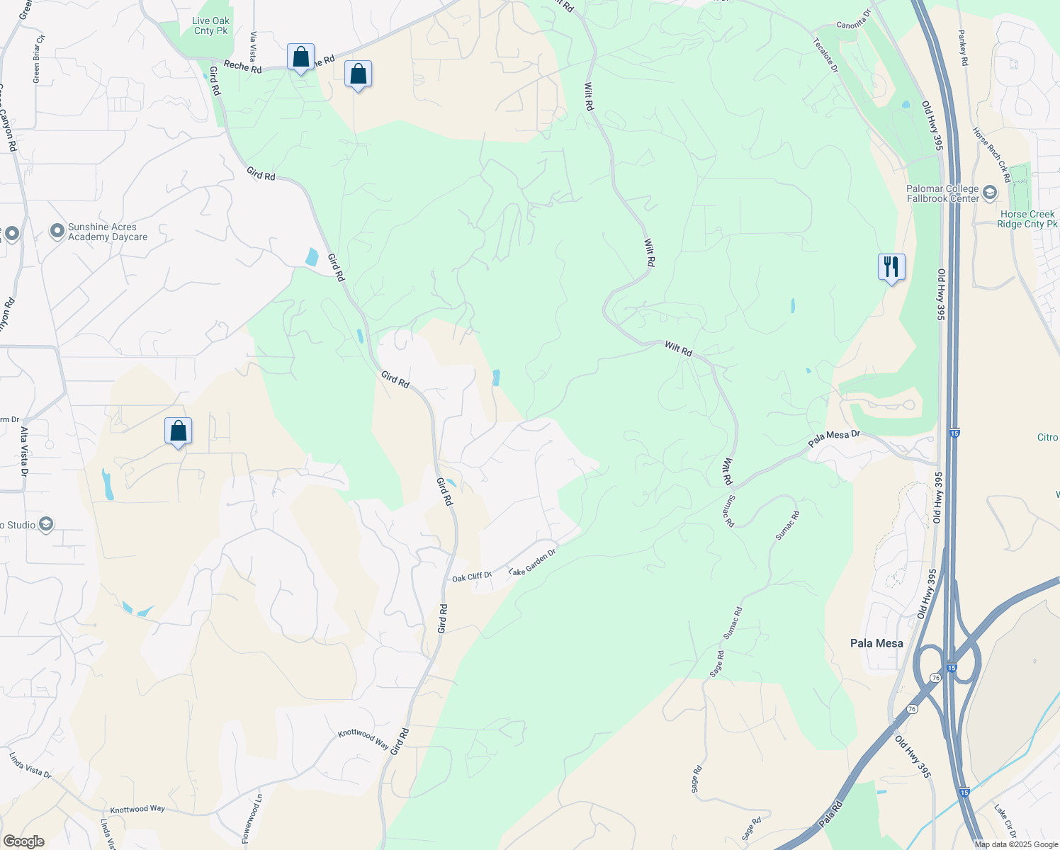 map of restaurants, bars, coffee shops, grocery stores, and more near 3649 Laketree Drive in Fallbrook