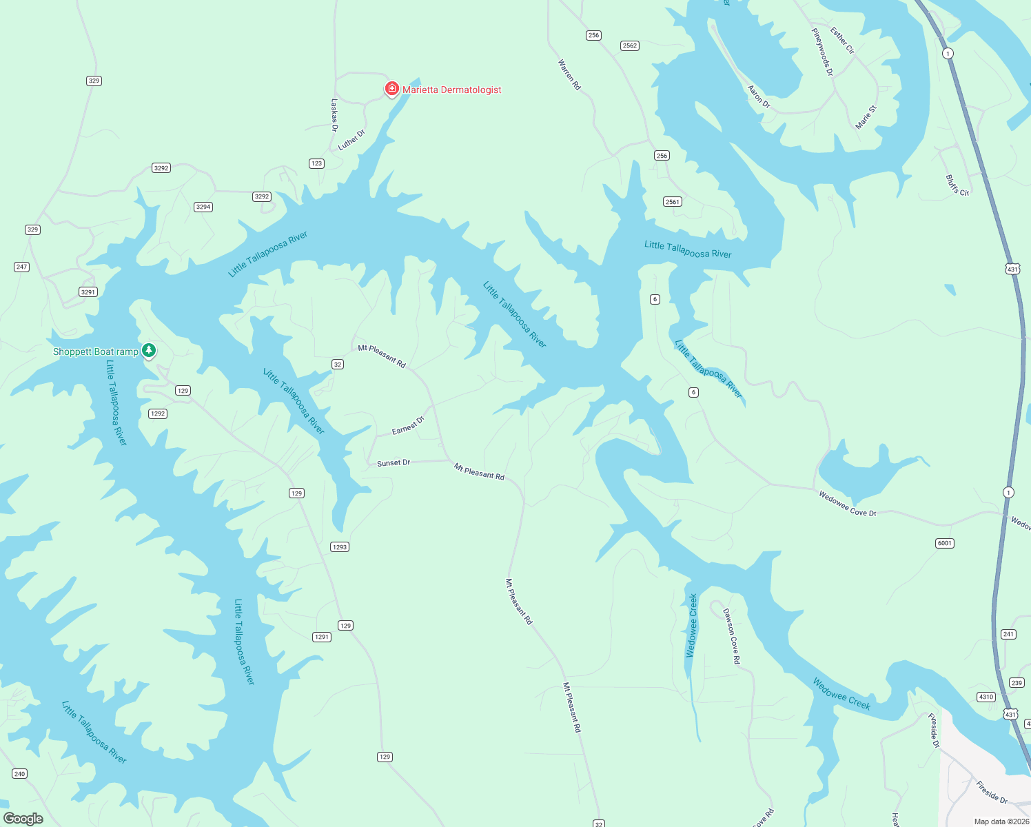 map of restaurants, bars, coffee shops, grocery stores, and more near 210 Meadow Lane in Wedowee