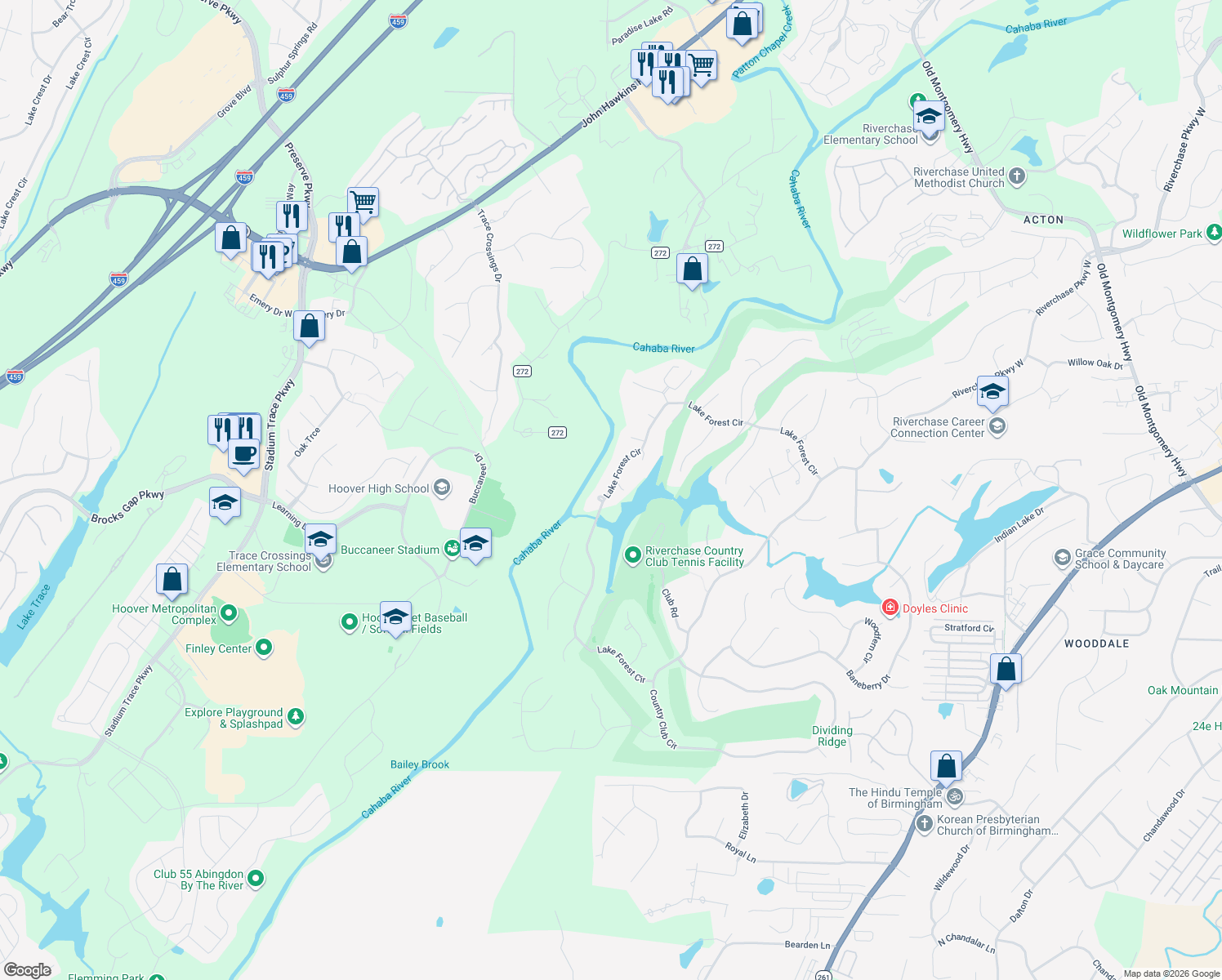 map of restaurants, bars, coffee shops, grocery stores, and more near 1146 Lake Forest Circle in Hoover