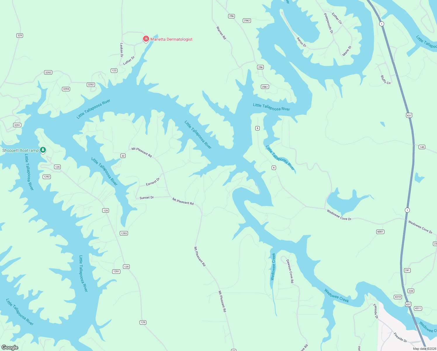 map of restaurants, bars, coffee shops, grocery stores, and more near 404 Holloway Road in Wedowee