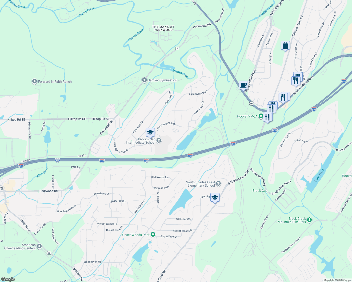 map of restaurants, bars, coffee shops, grocery stores, and more near 5845 Waterstone Point in Birmingham