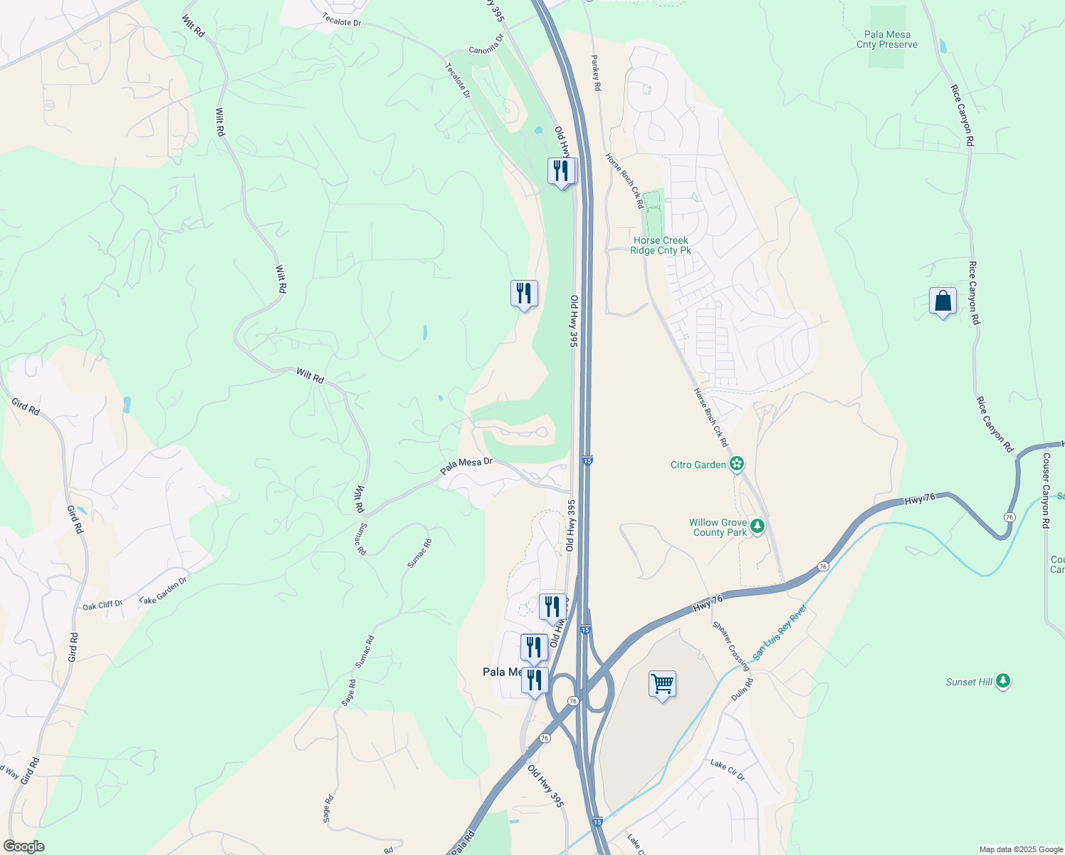 map of restaurants, bars, coffee shops, grocery stores, and more near 4320 Los Padres Drive in Fallbrook