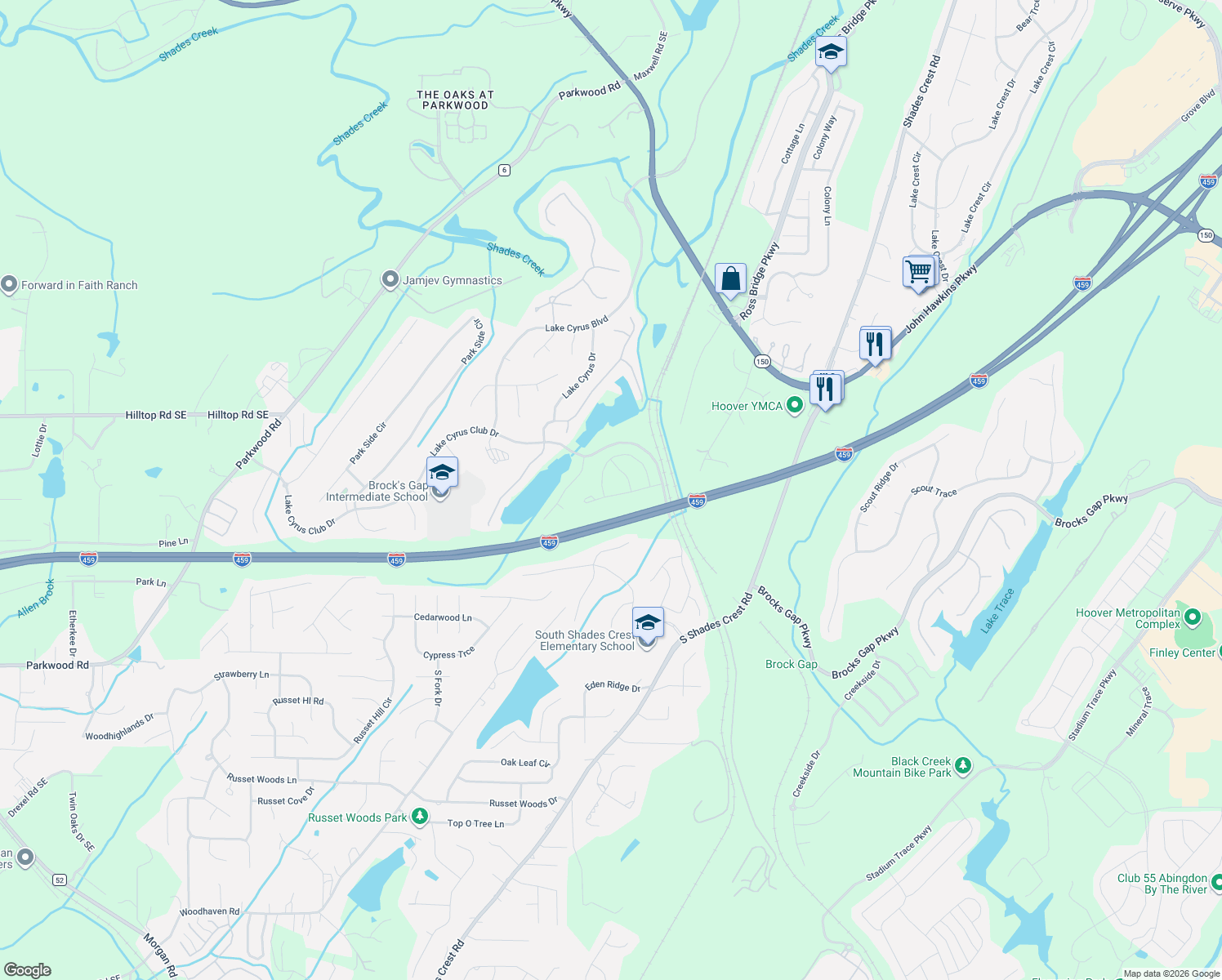 map of restaurants, bars, coffee shops, grocery stores, and more near 1551 Lake Cyrus Club Drive in Hoover