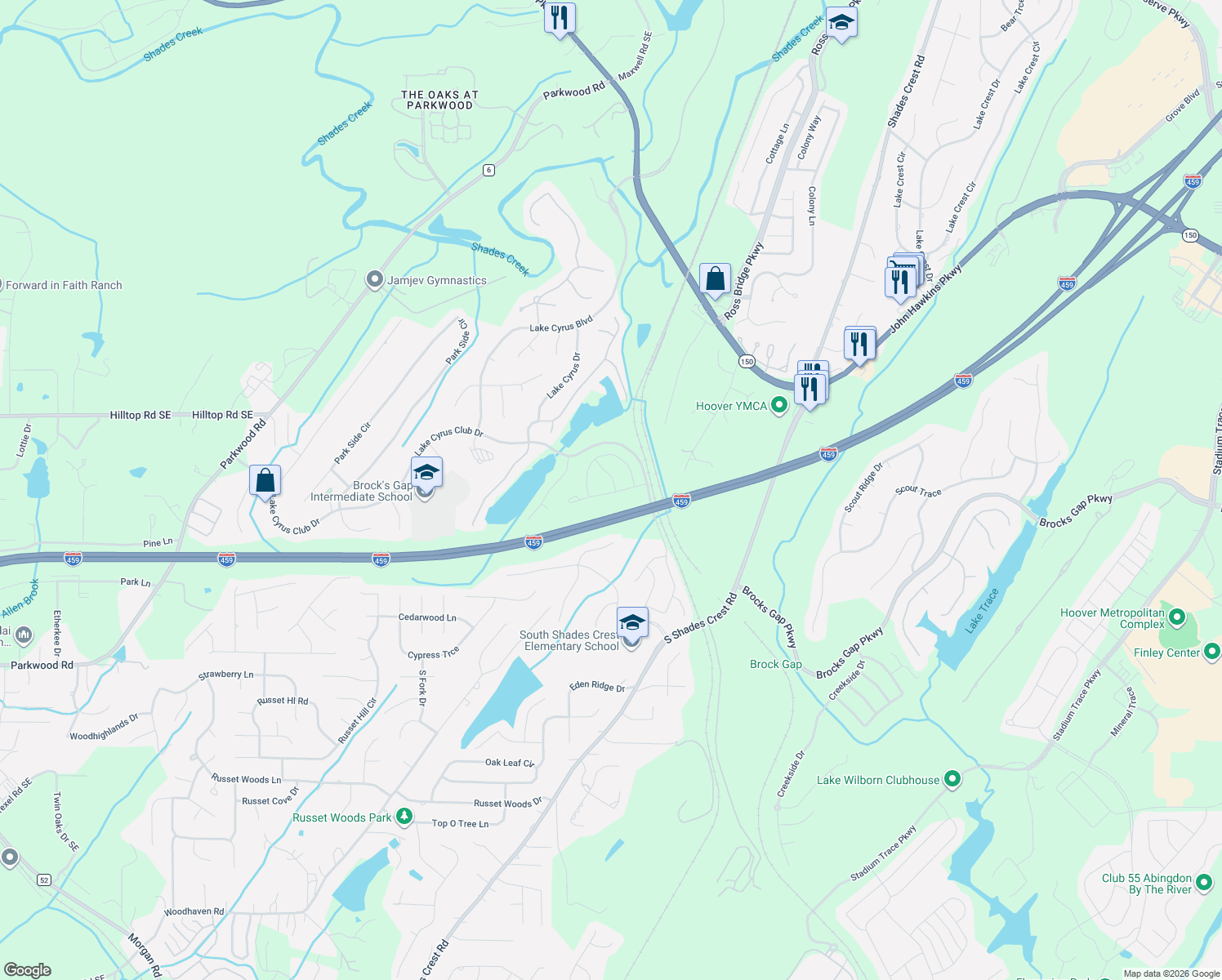map of restaurants, bars, coffee shops, grocery stores, and more near 1551 Lake Cyrus Club Drive in Hoover