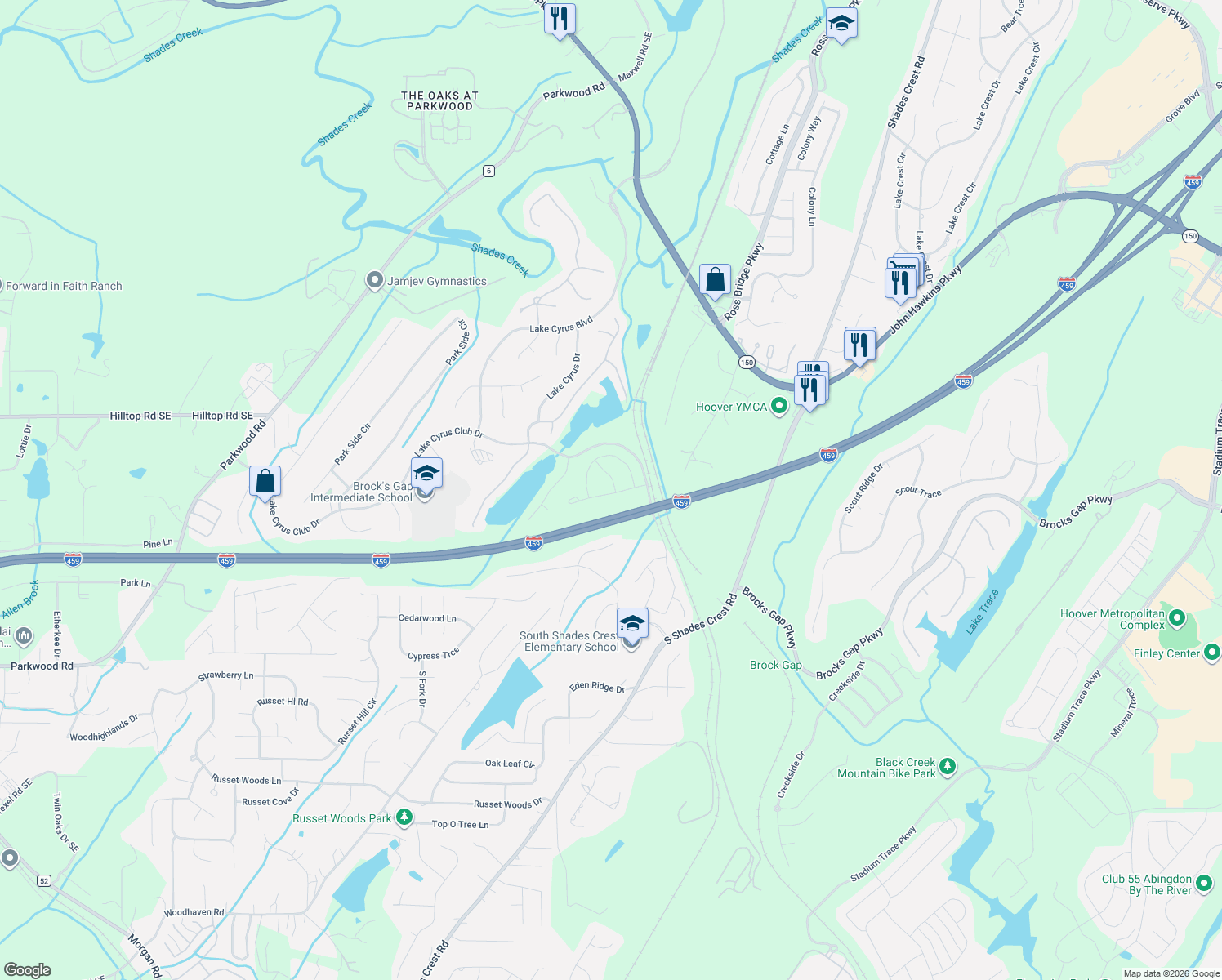 map of restaurants, bars, coffee shops, grocery stores, and more near 1551 Lake Cyrus Club Drive in Hoover