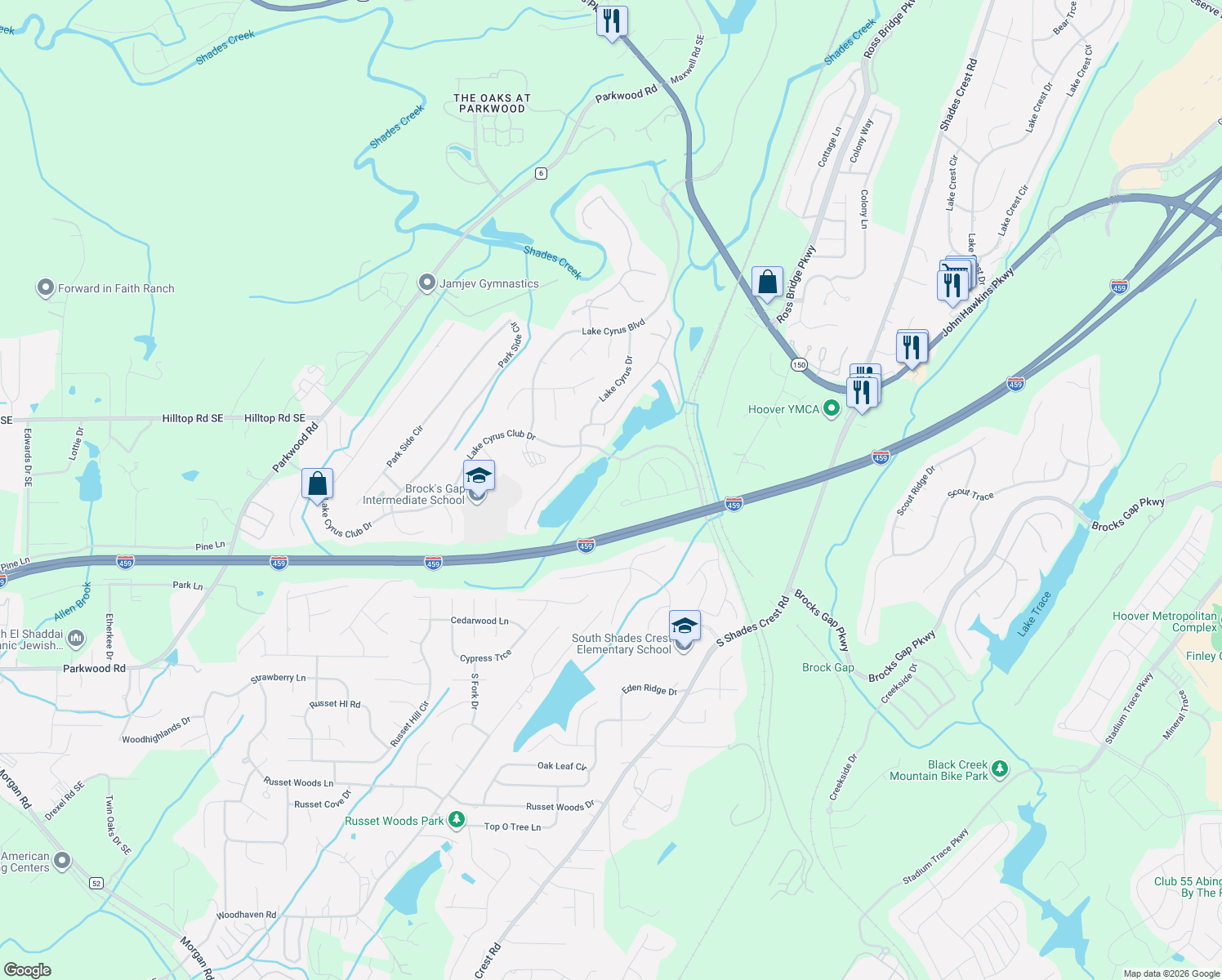 map of restaurants, bars, coffee shops, grocery stores, and more near 5928 Waterscape Pass in Birmingham