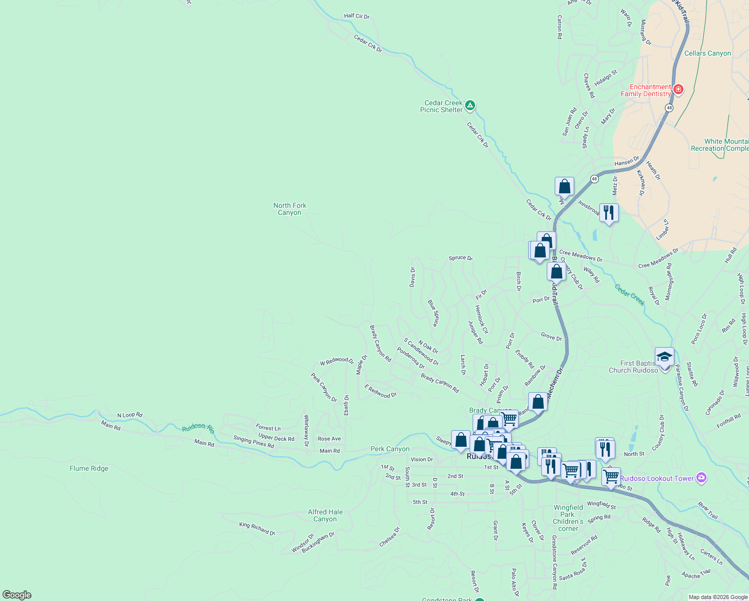 map of restaurants, bars, coffee shops, grocery stores, and more near 570 Brady Canyon Rd in Ruidoso