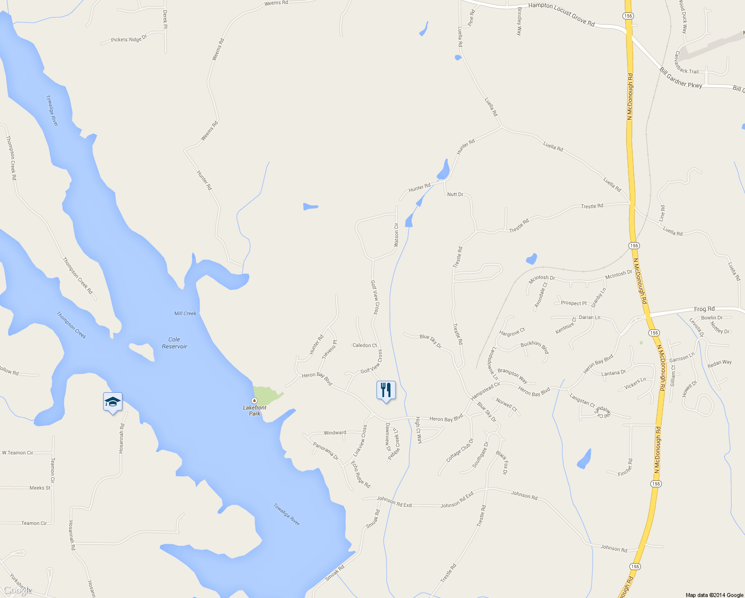 map of restaurants, bars, coffee shops, grocery stores, and more near 6109 Golf View Crossing in Locust Grove