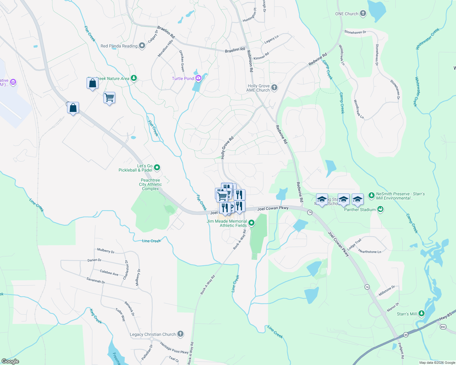 map of restaurants, bars, coffee shops, grocery stores, and more near 1121 Twin Bridge Ln in Peachtree City