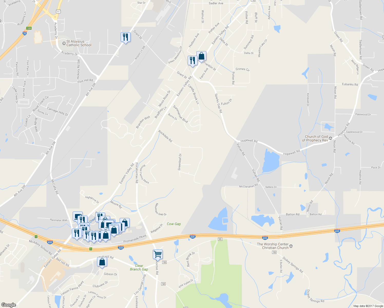 map of restaurants, bars, coffee shops, grocery stores, and more near 5701 Rockdale Road in Bessemer