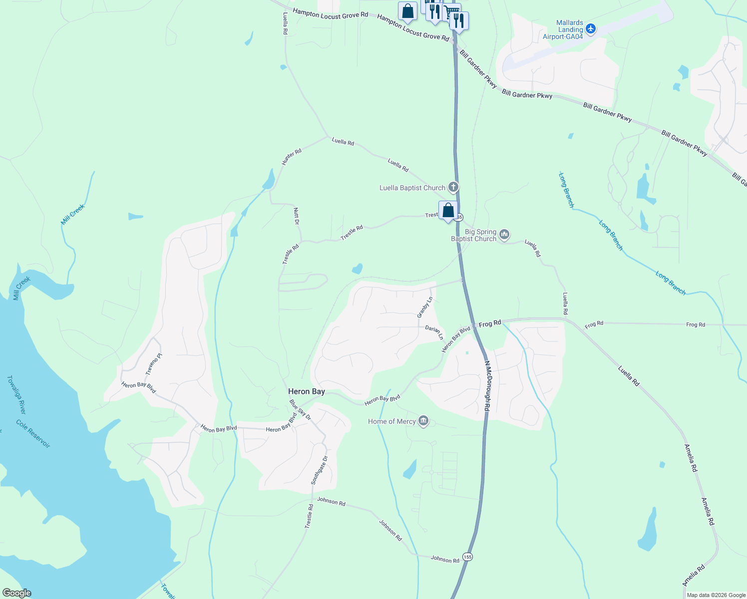 map of restaurants, bars, coffee shops, grocery stores, and more near 1913 Avondale Court in Locust Grove