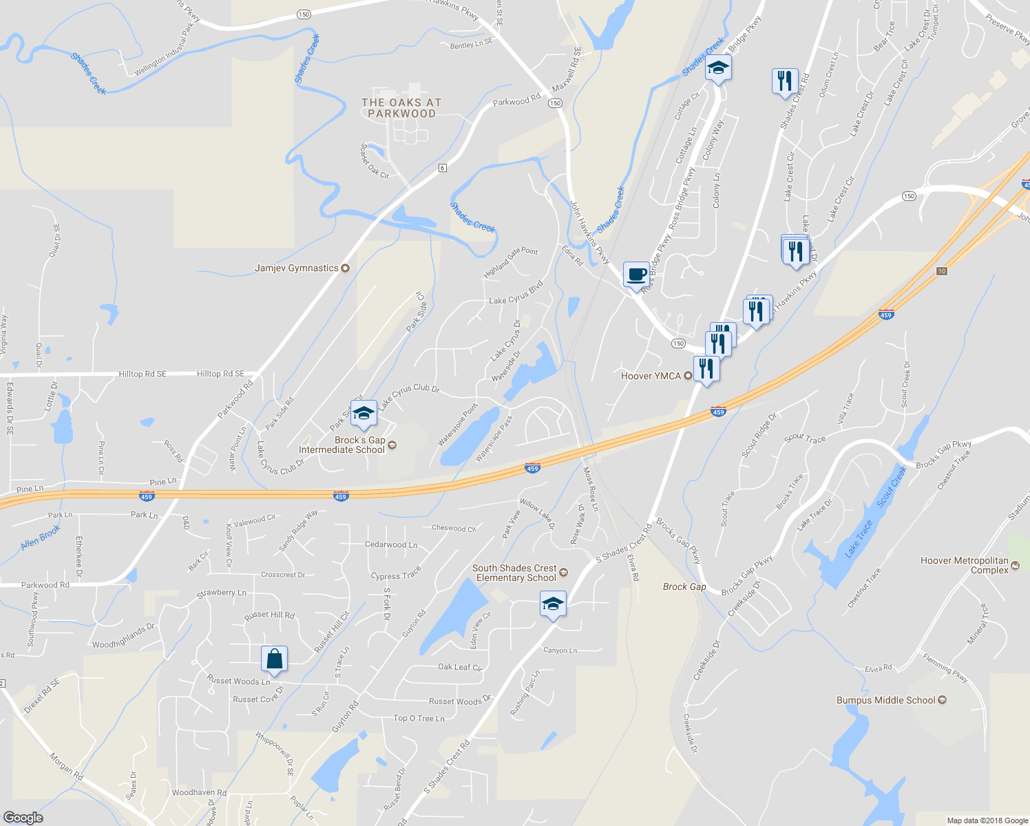 map of restaurants, bars, coffee shops, grocery stores, and more near 5900 Waterscape Pass in Hoover