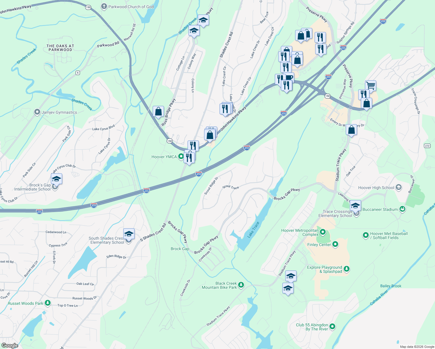 map of restaurants, bars, coffee shops, grocery stores, and more near 1435 Scout Ridge Drive in Birmingham