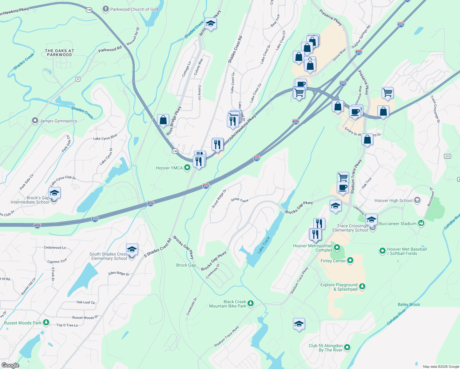 map of restaurants, bars, coffee shops, grocery stores, and more near 1435 Scout Ridge Drive in Birmingham
