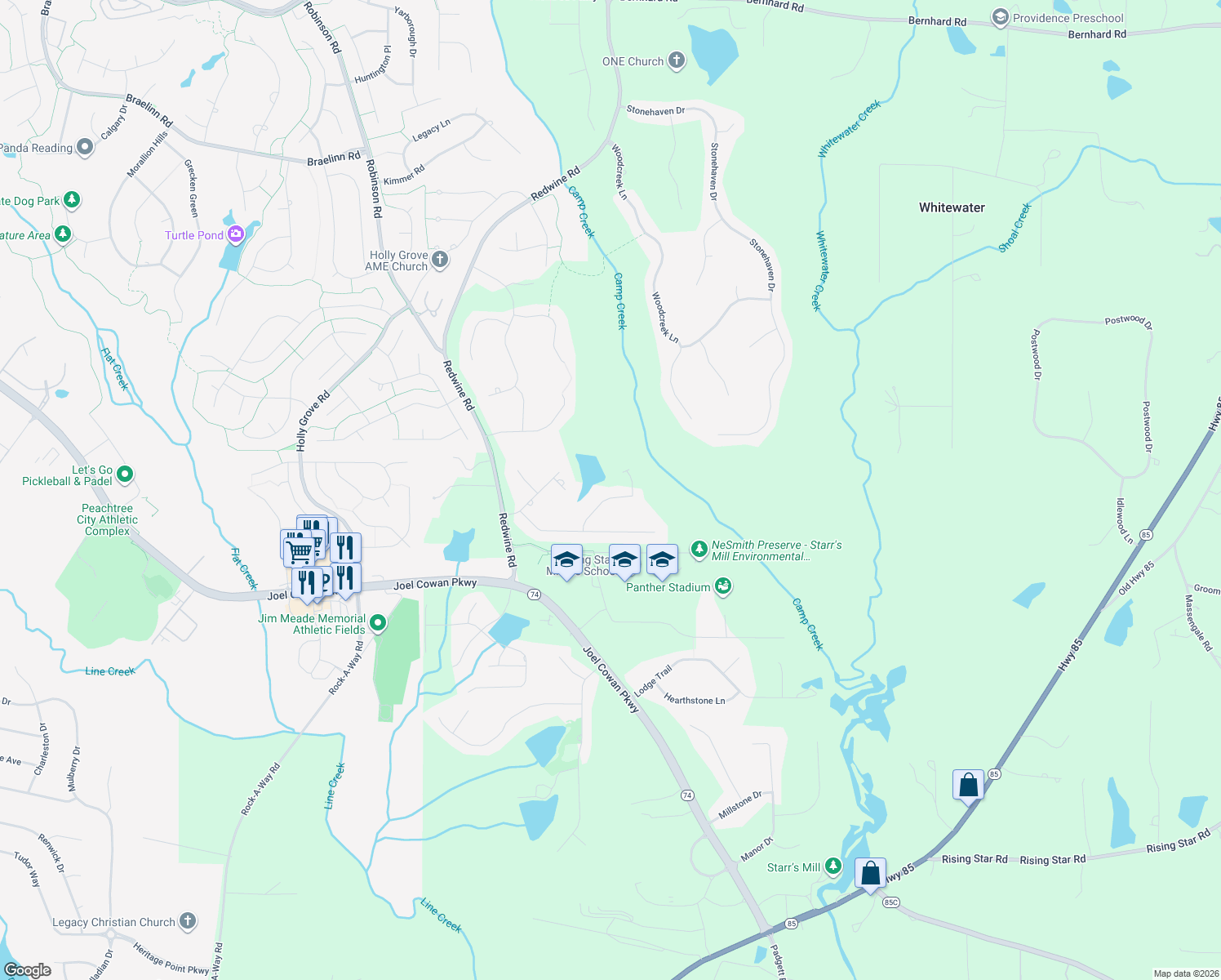 map of restaurants, bars, coffee shops, grocery stores, and more near 550 Mountains Edge in Fayetteville