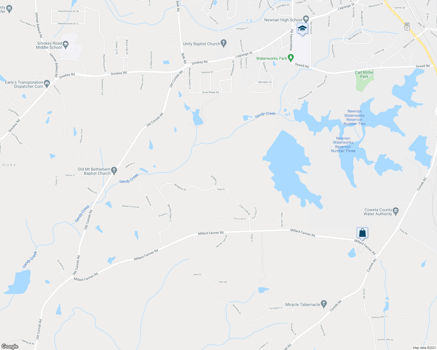 map of restaurants, bars, coffee shops, grocery stores, and more near 235 Widgeon Drive in Newnan
