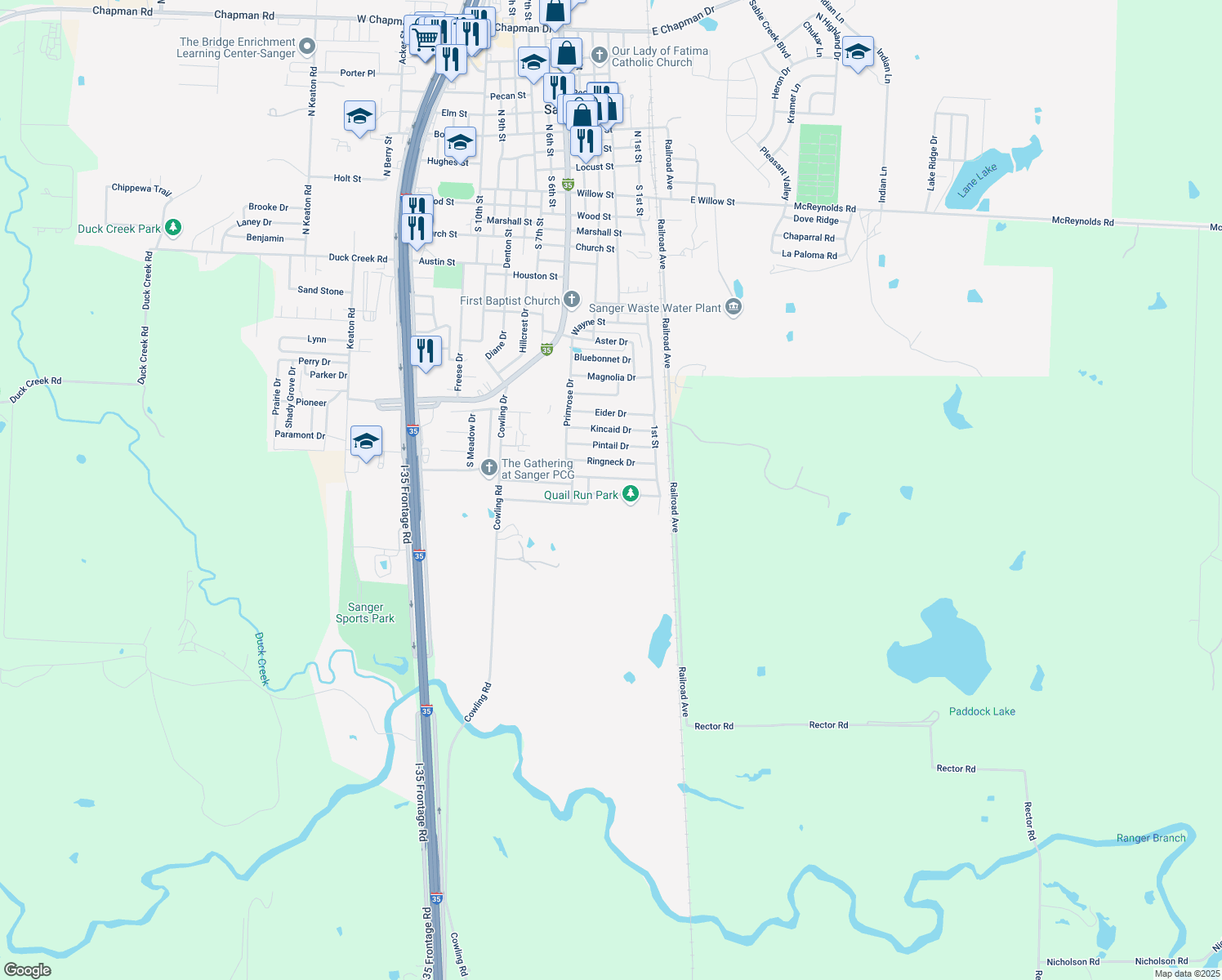 map of restaurants, bars, coffee shops, grocery stores, and more near 123 Teal Rd in Sanger