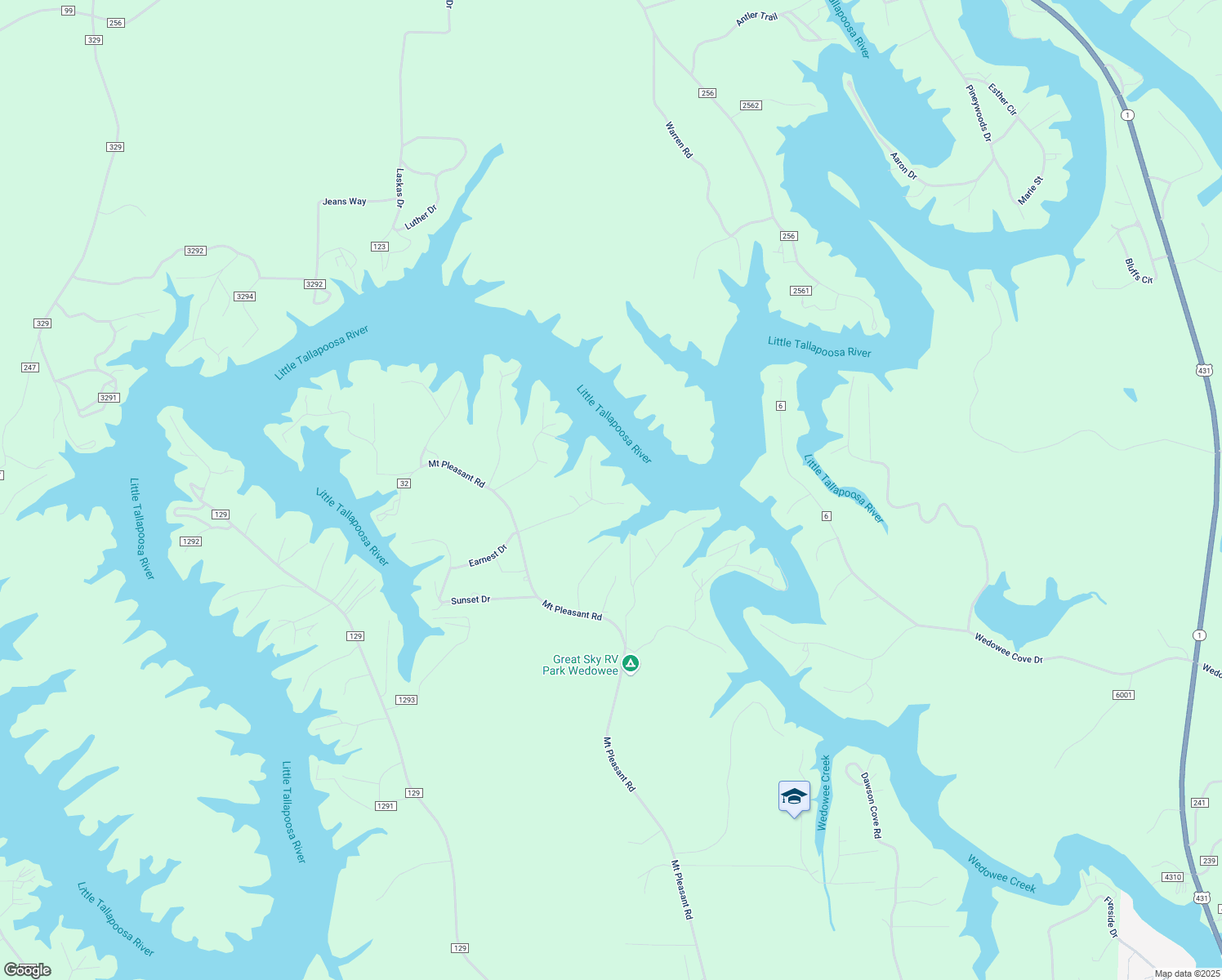 map of restaurants, bars, coffee shops, grocery stores, and more near 357 La Donna Drive in Wedowee