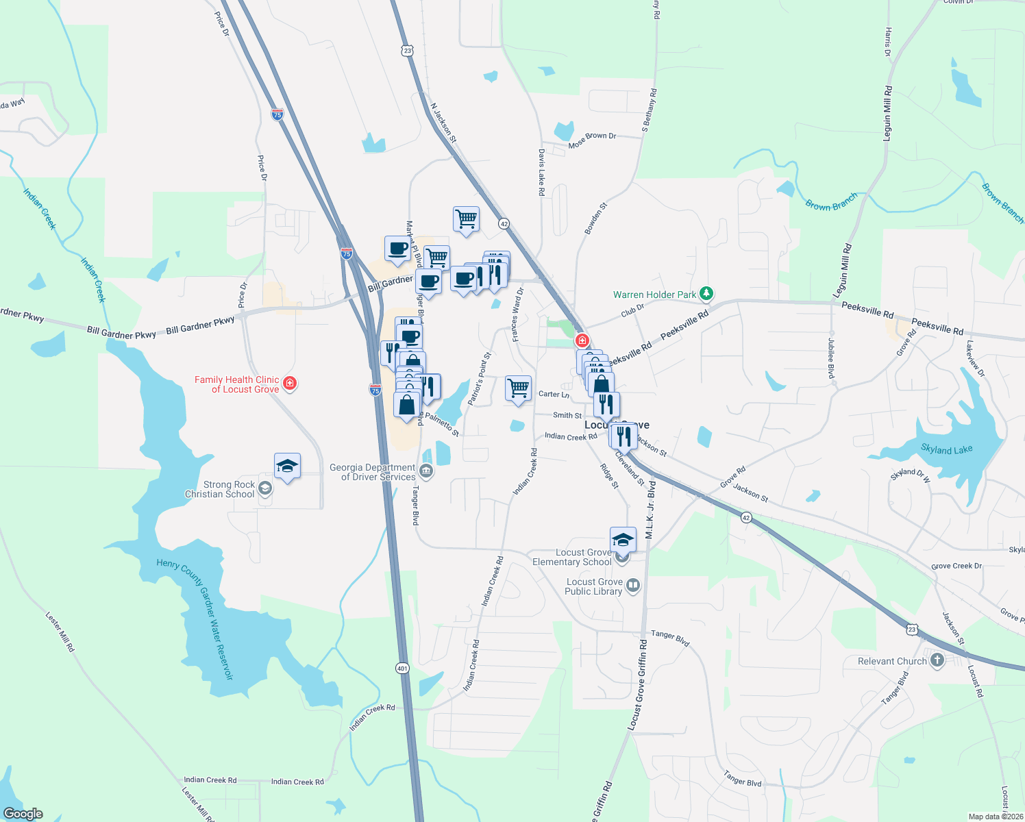 map of restaurants, bars, coffee shops, grocery stores, and more near 37 Woodland Drive in Locust Grove