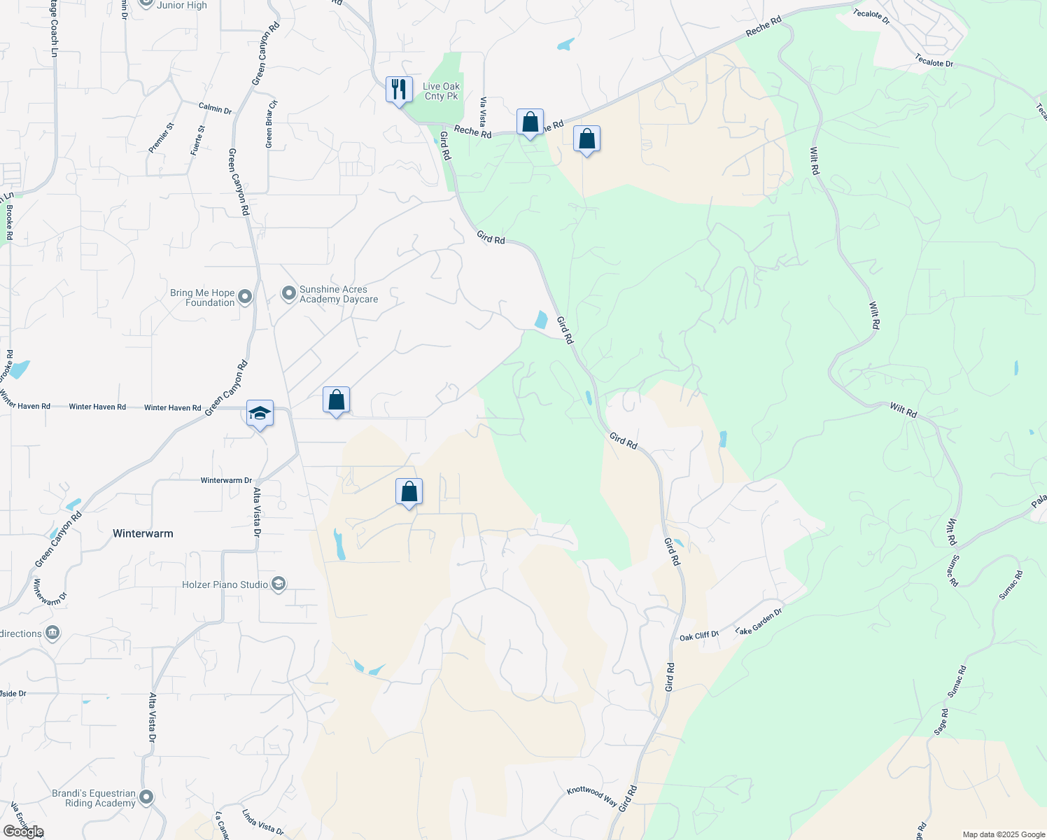 map of restaurants, bars, coffee shops, grocery stores, and more near Kingridge Drive in Fallbrook