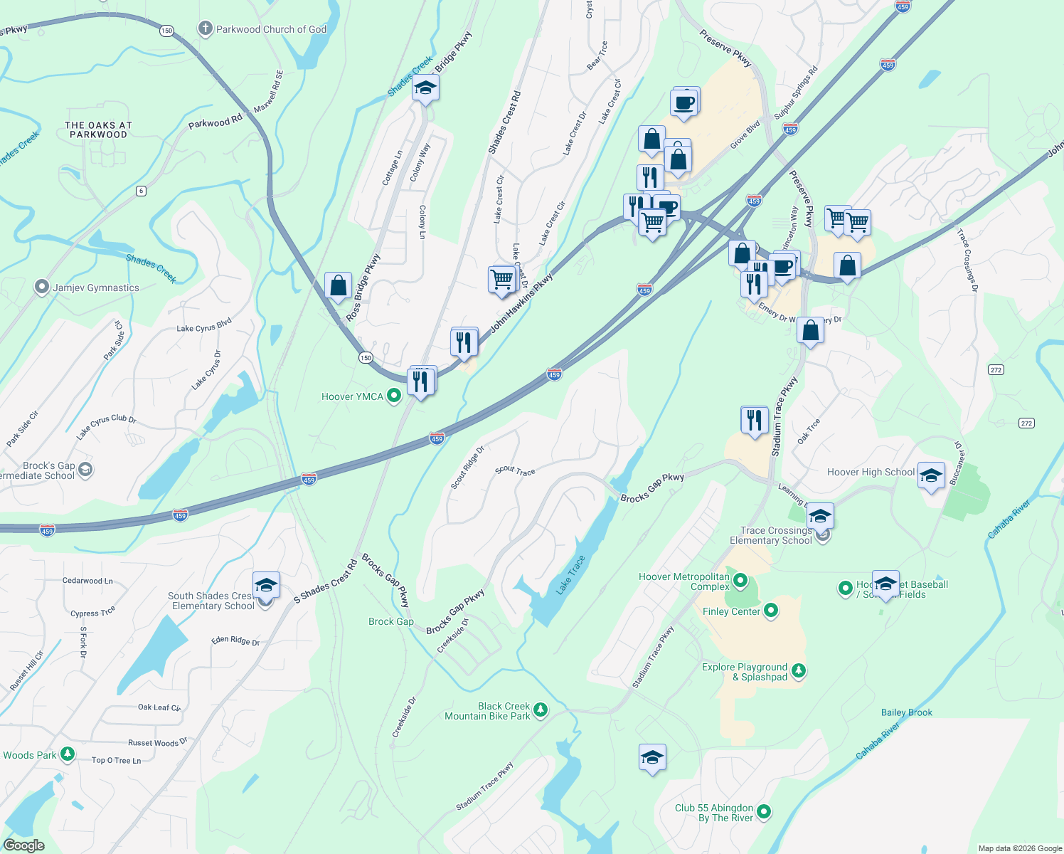 map of restaurants, bars, coffee shops, grocery stores, and more near 1404 Scout Ridge Drive in Birmingham