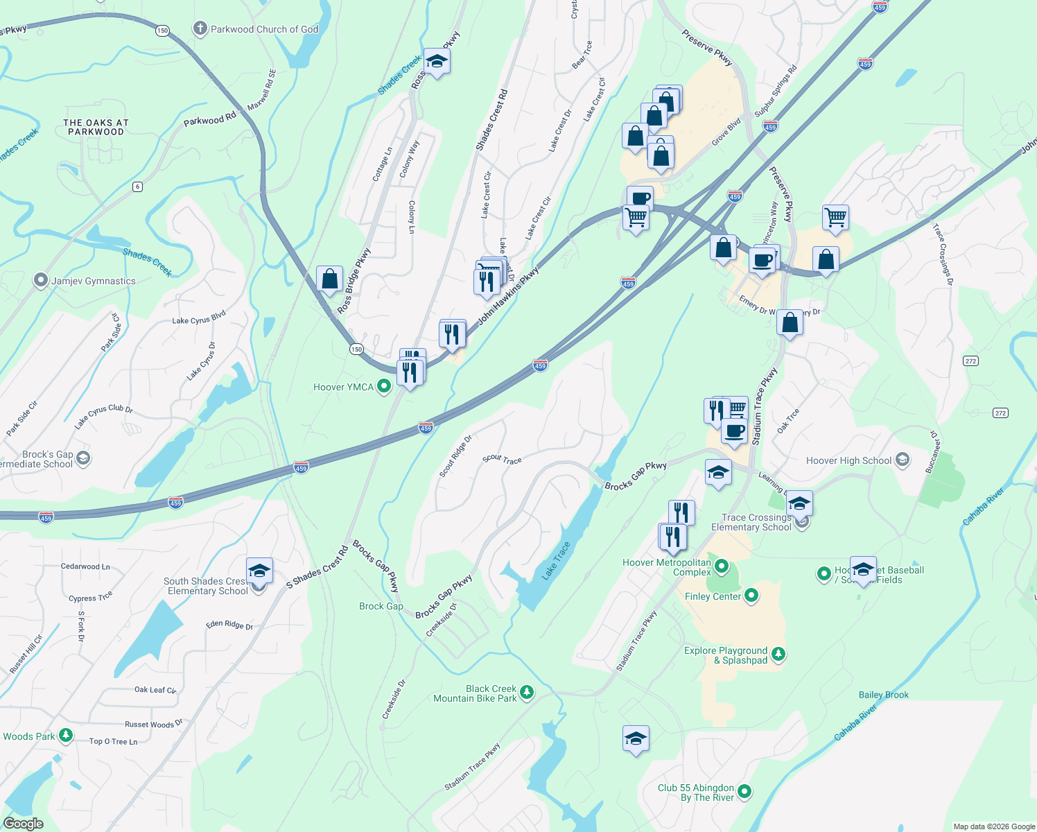 map of restaurants, bars, coffee shops, grocery stores, and more near 1404 Scout Ridge Drive in Birmingham