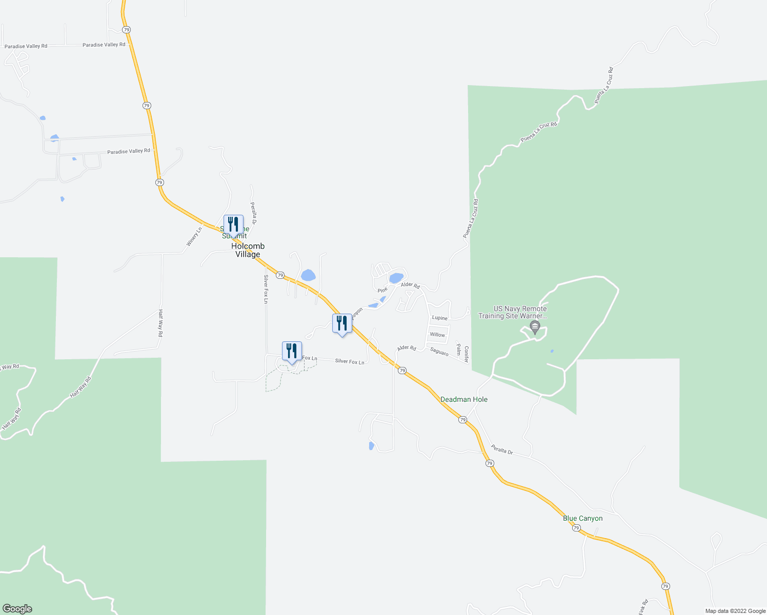 map of restaurants, bars, coffee shops, grocery stores, and more near 34789 California 79 in Warner Springs