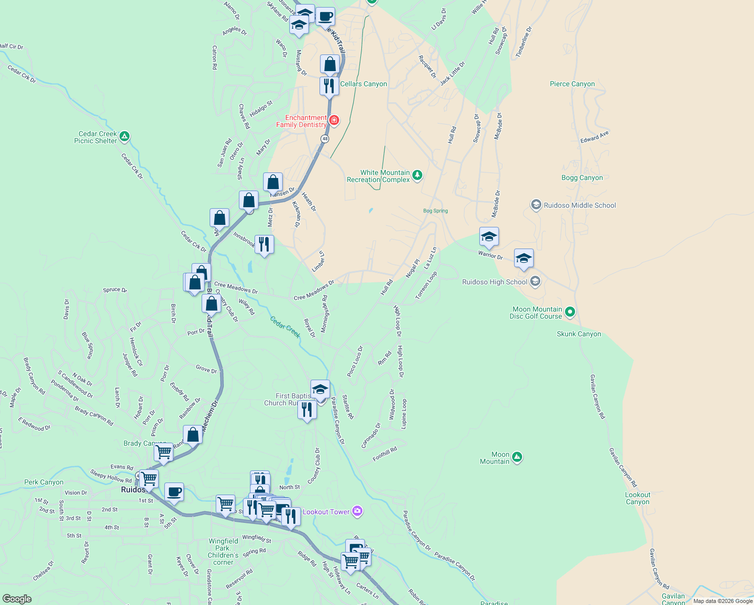 map of restaurants, bars, coffee shops, grocery stores, and more near 299 Hull Rd in Ruidoso