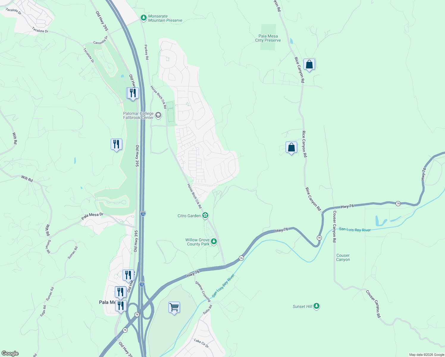 map of restaurants, bars, coffee shops, grocery stores, and more near 35104 Citron Lane in Fallbrook