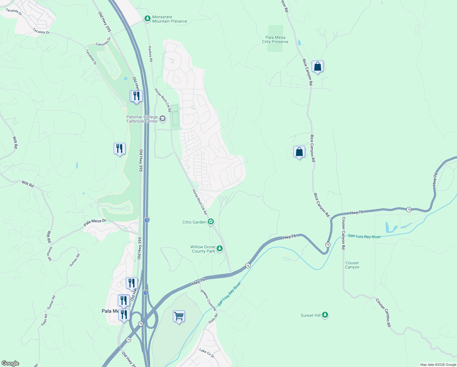 map of restaurants, bars, coffee shops, grocery stores, and more near 35104 Citron Lane in Fallbrook