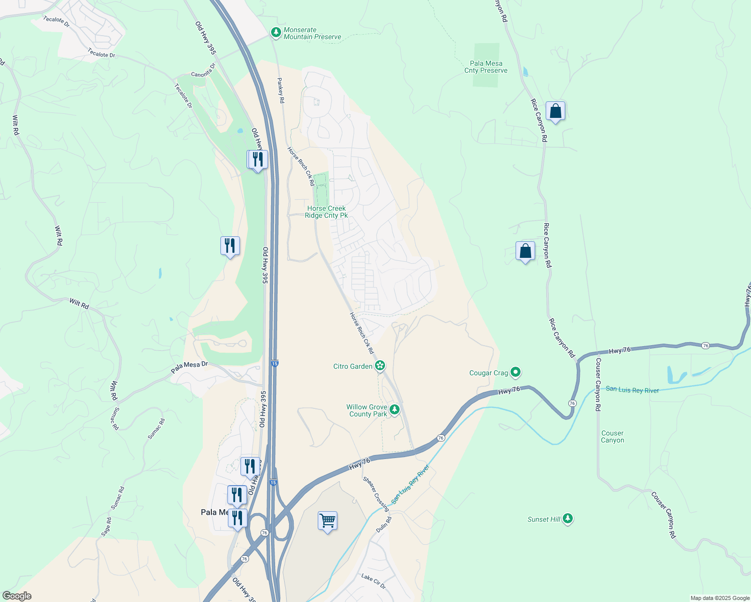 map of restaurants, bars, coffee shops, grocery stores, and more near 347 Sweet Place in Fallbrook