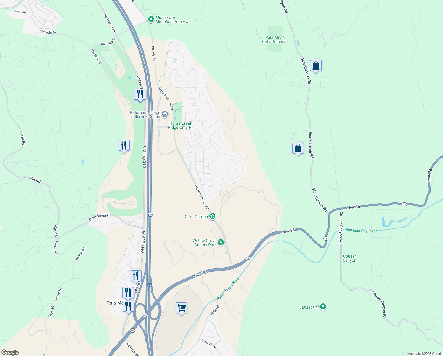 map of restaurants, bars, coffee shops, grocery stores, and more near Dun Blazer Way in Fallbrook