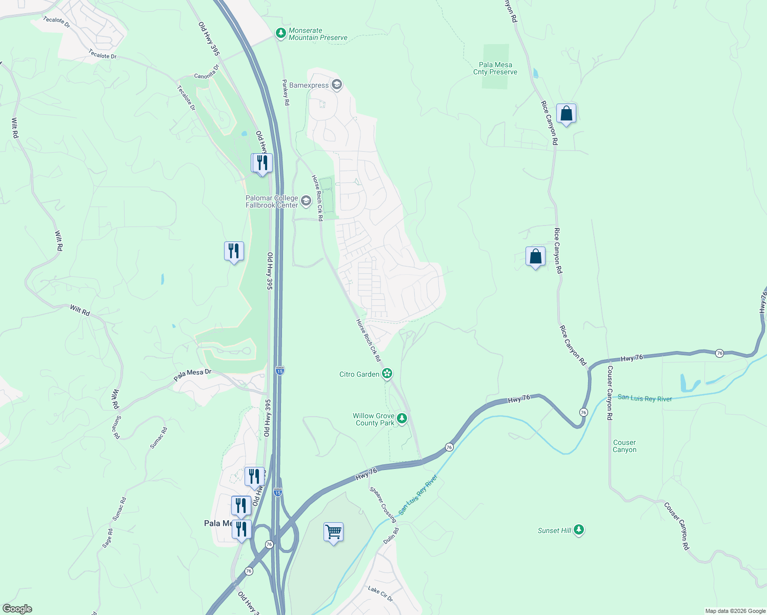 map of restaurants, bars, coffee shops, grocery stores, and more near 5328 Highway 76 in Fallbrook