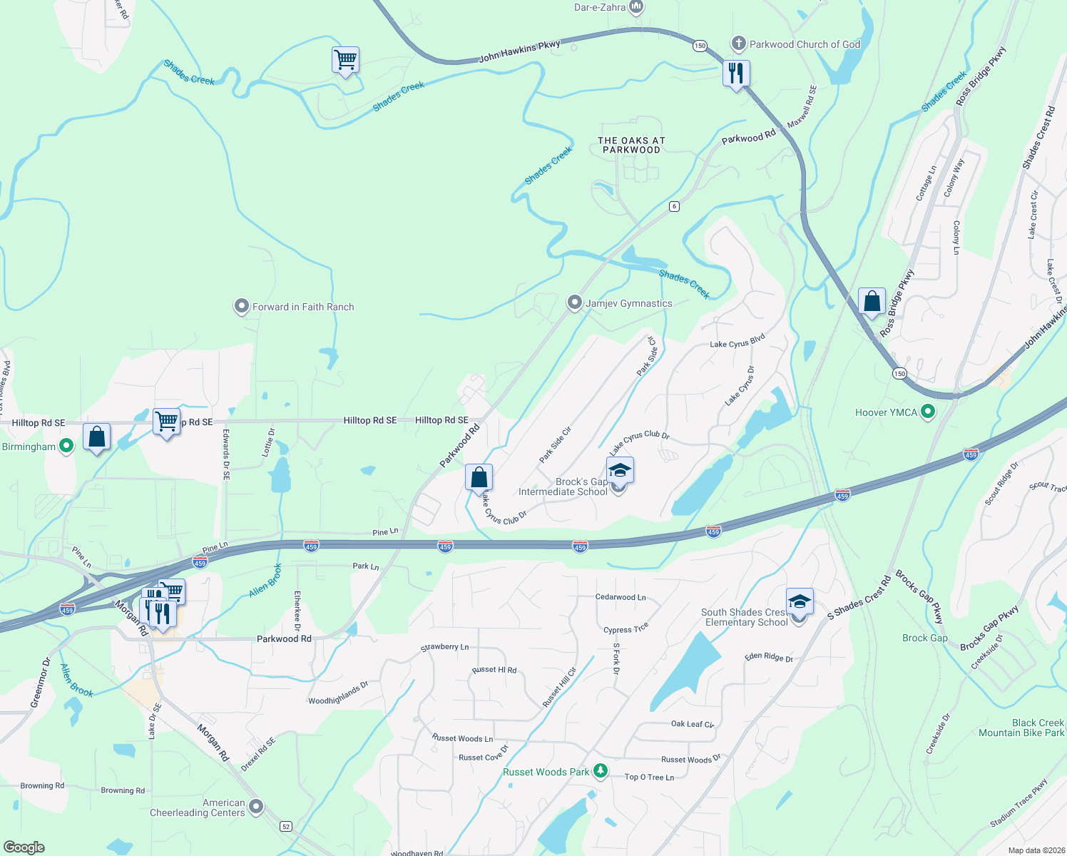 map of restaurants, bars, coffee shops, grocery stores, and more near 5629 Park Side Road in Birmingham
