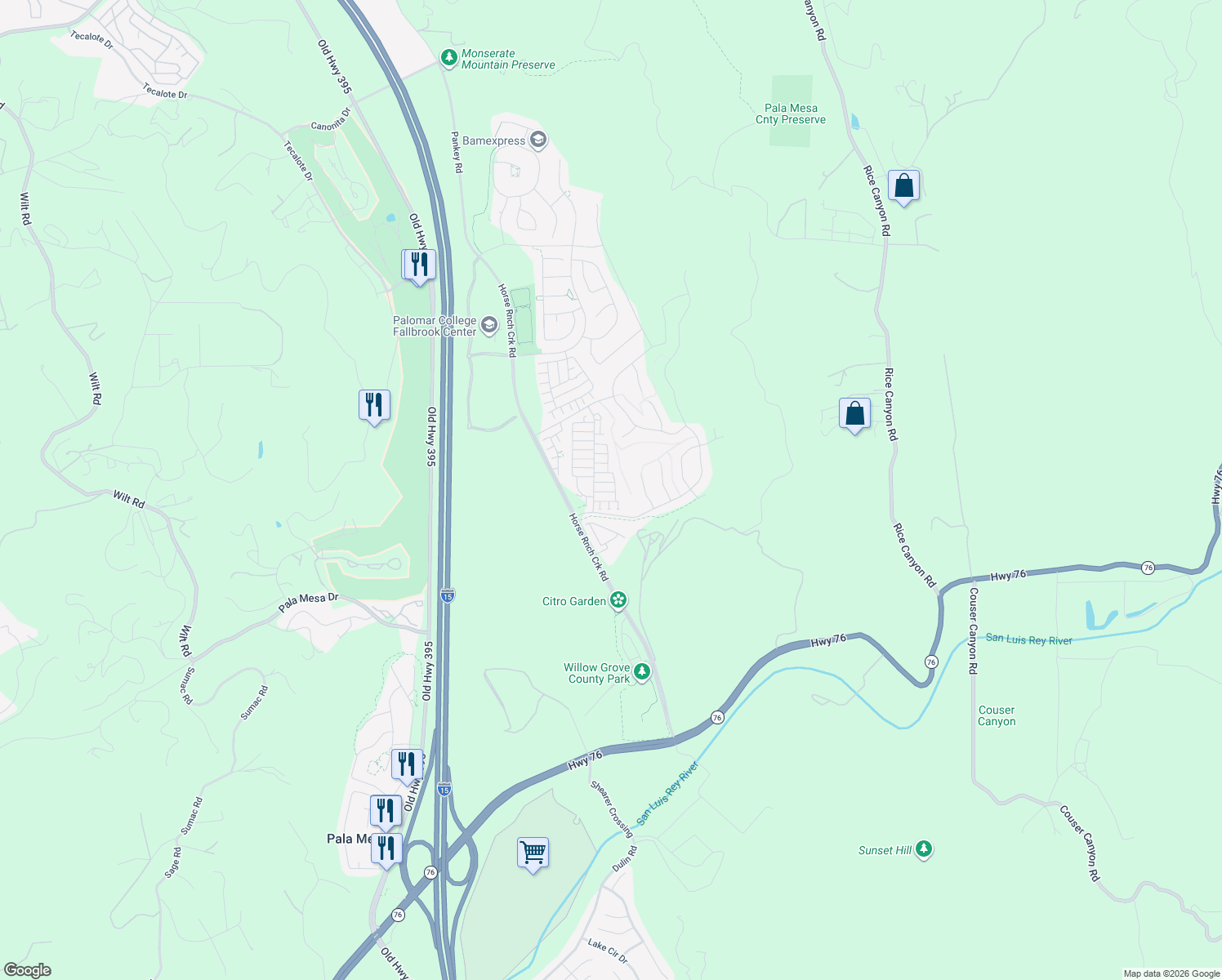 map of restaurants, bars, coffee shops, grocery stores, and more near 5328 Highway 76 in Fallbrook