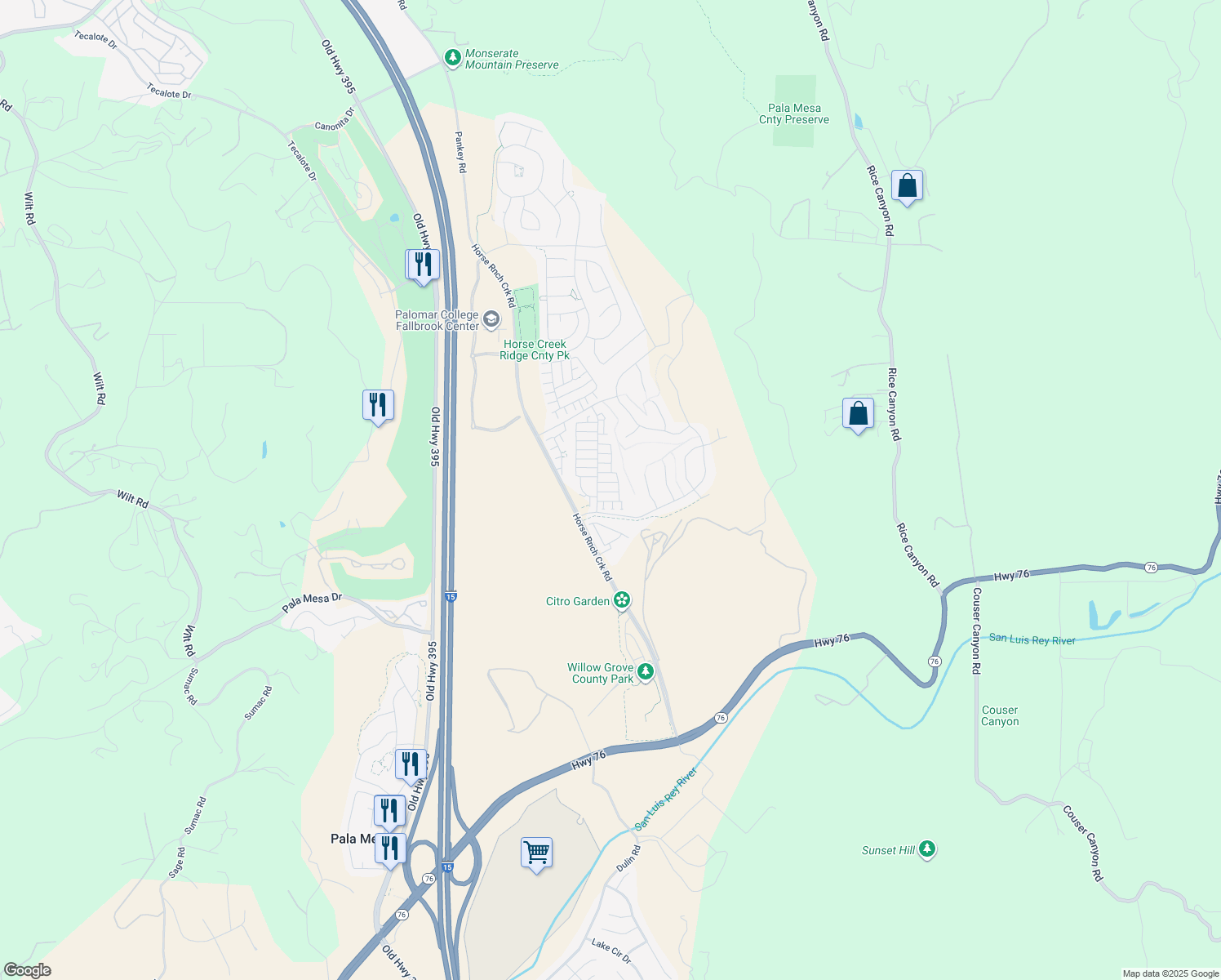 map of restaurants, bars, coffee shops, grocery stores, and more near 336 Sweet Place in Fallbrook