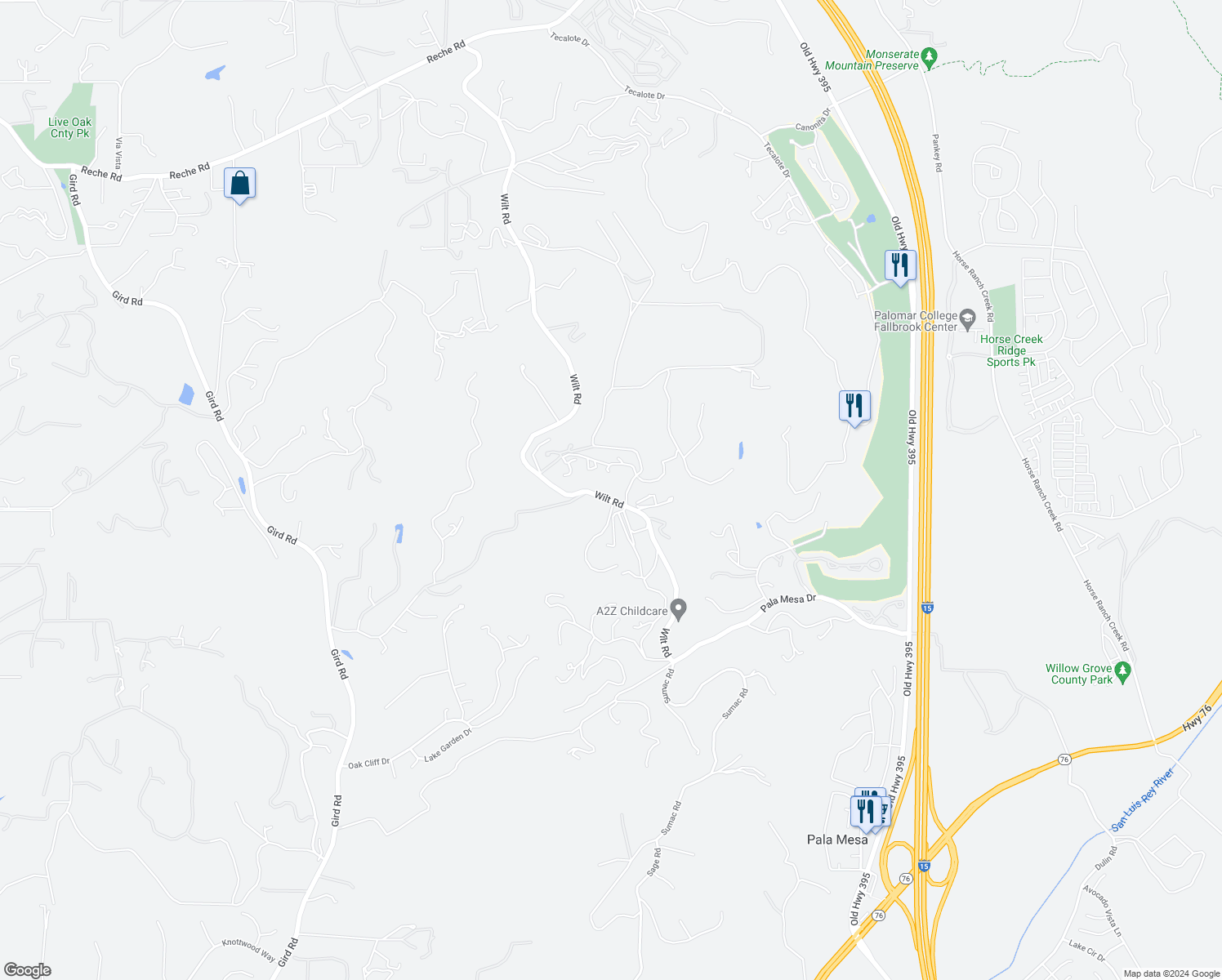 map of restaurants, bars, coffee shops, grocery stores, and more near 3916 Citrus Drive in Fallbrook