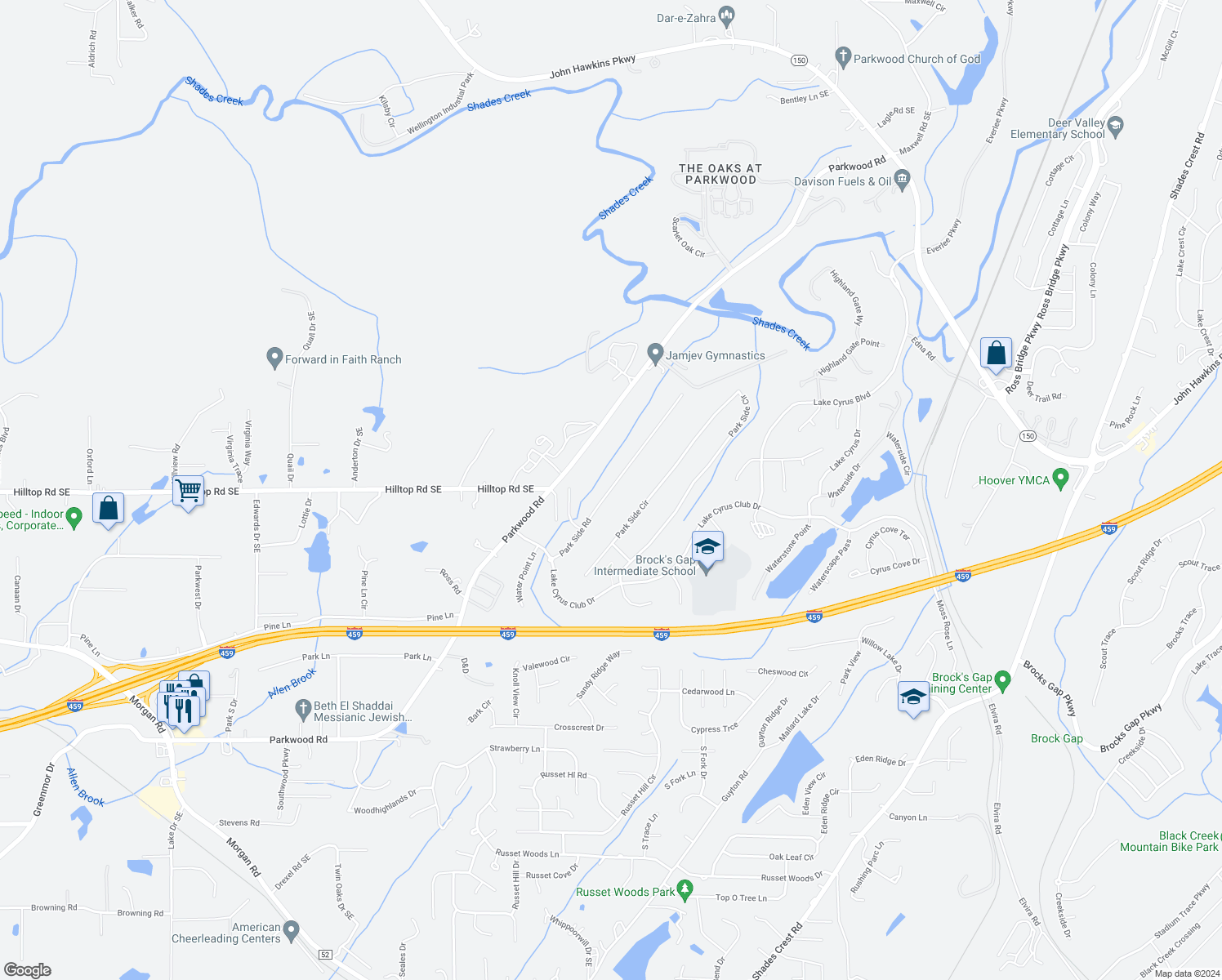 map of restaurants, bars, coffee shops, grocery stores, and more near 5592 Park Side Road in Birmingham