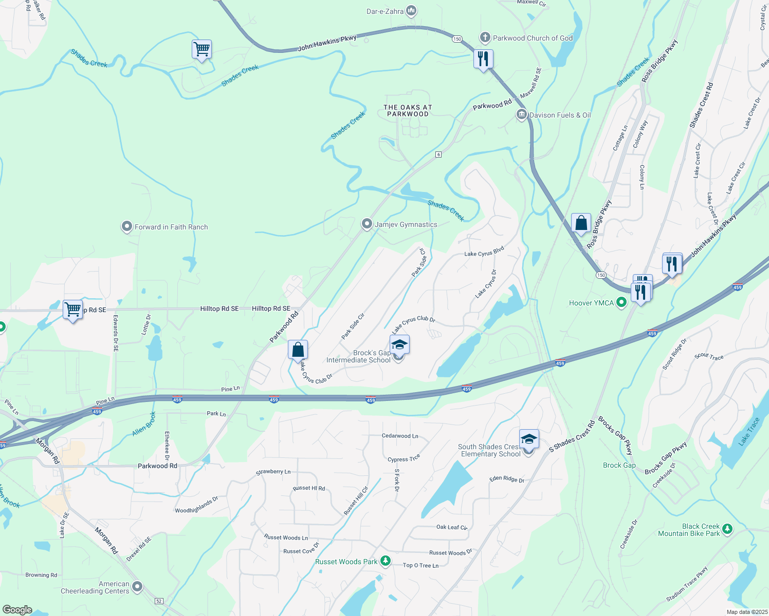 map of restaurants, bars, coffee shops, grocery stores, and more near 5493 Park Side Circle in Birmingham
